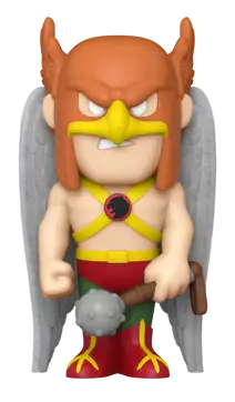Hawkman figura. Egy rajzfilmfigura szárnyakkal és buzogánnyal. Fehér háttér.