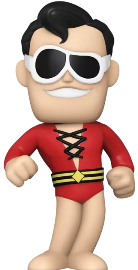 Plastic Man akciófigura, mosolyog napszemüveggel és piros öltönnyel. Fekete háttér.