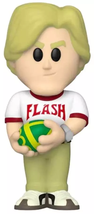Flash Funko Pop figura, kezében labdával, szőke hajjal és fehér-piros pólóval.