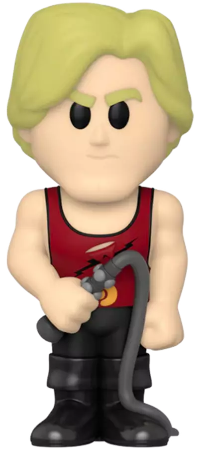 Egy Funko Pop figura egy izmos férfiról, szőke hajjal, aki egy ostort tart, piros trikót visel.