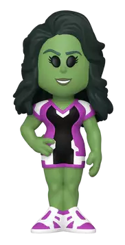 Egy She-Hulk Funko Pop figura, mosolygós arckifejezéssel, szürke háttéren.