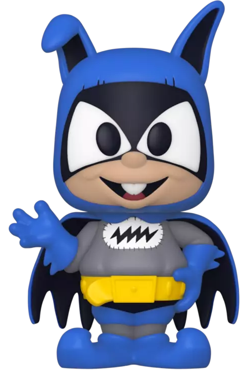 Egy Funko Pop Batman figura kék denevérfüles csuklyával és sárga övvel.