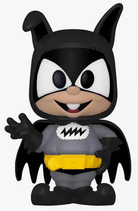 Rajzolt Batman figura fekete-szürke öltönyben, mosolyogva és integetve sárga övvel.
