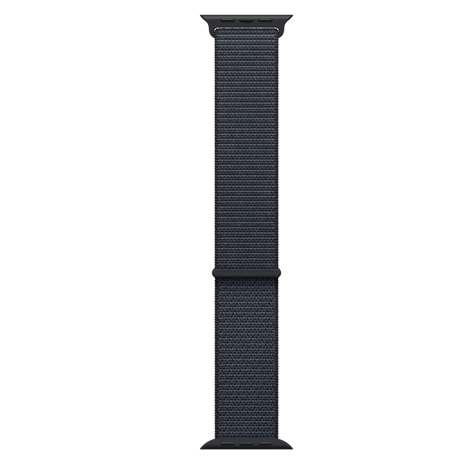 Donkerblauwe Apple Watch-band. Geweven textuur met zwarte gesp. Zwarte achtergrond.