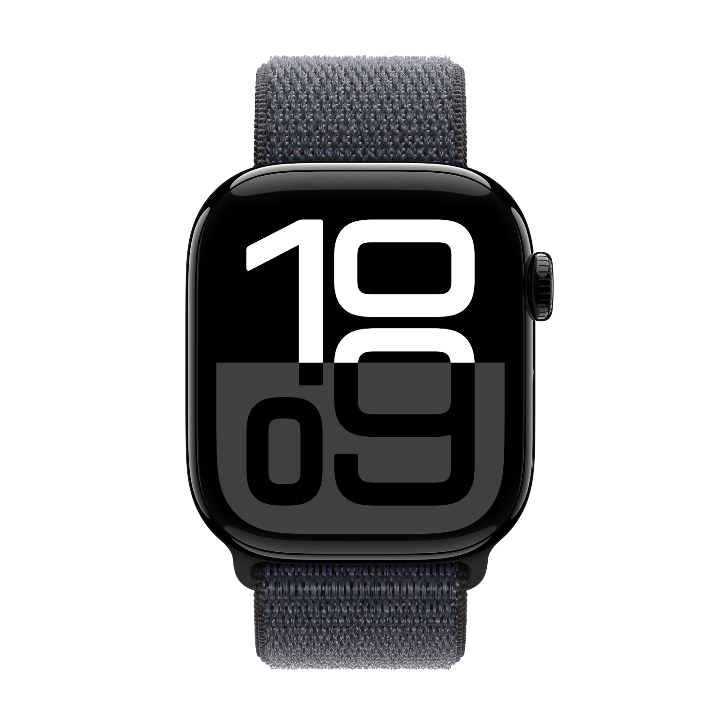 Een zwarte Apple Watch met een grijze band, toont de tijd 19:09 op het scherm.