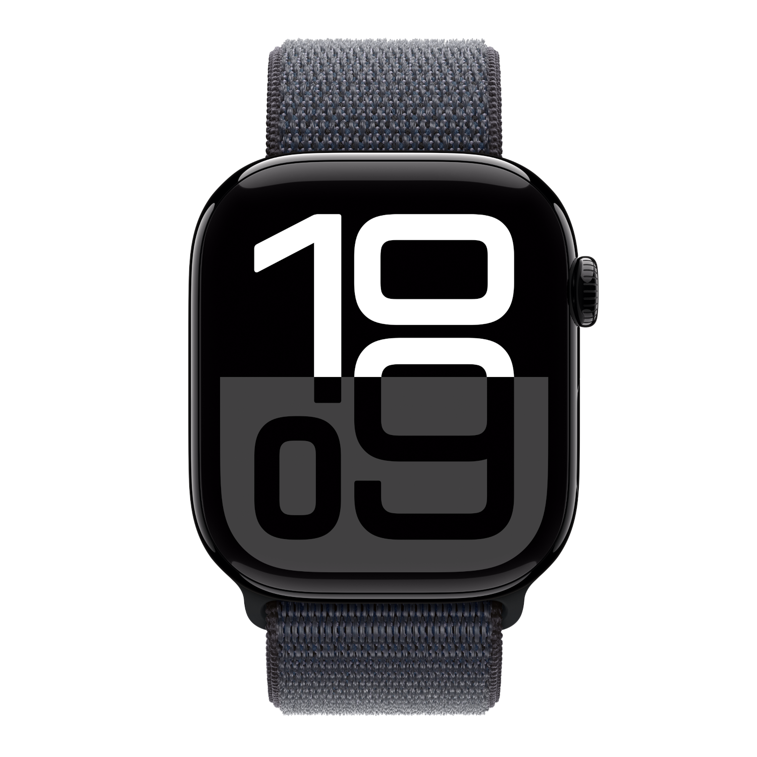 Zwarte Apple Watch met donkergrijze band, toont de tijd 10:09.