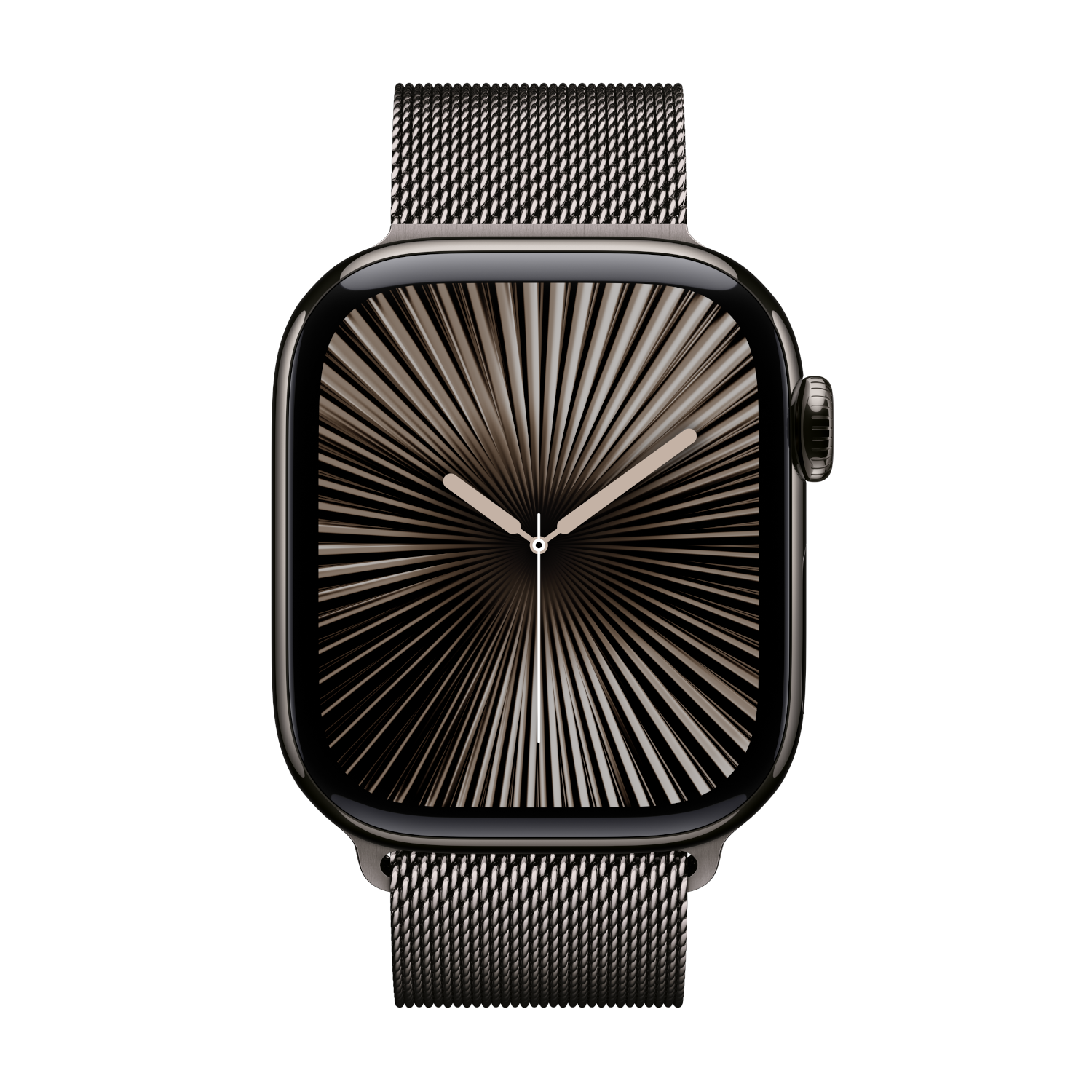 Apple Watch avec bracelet métallique, affichant un motif radial sur fond noir.