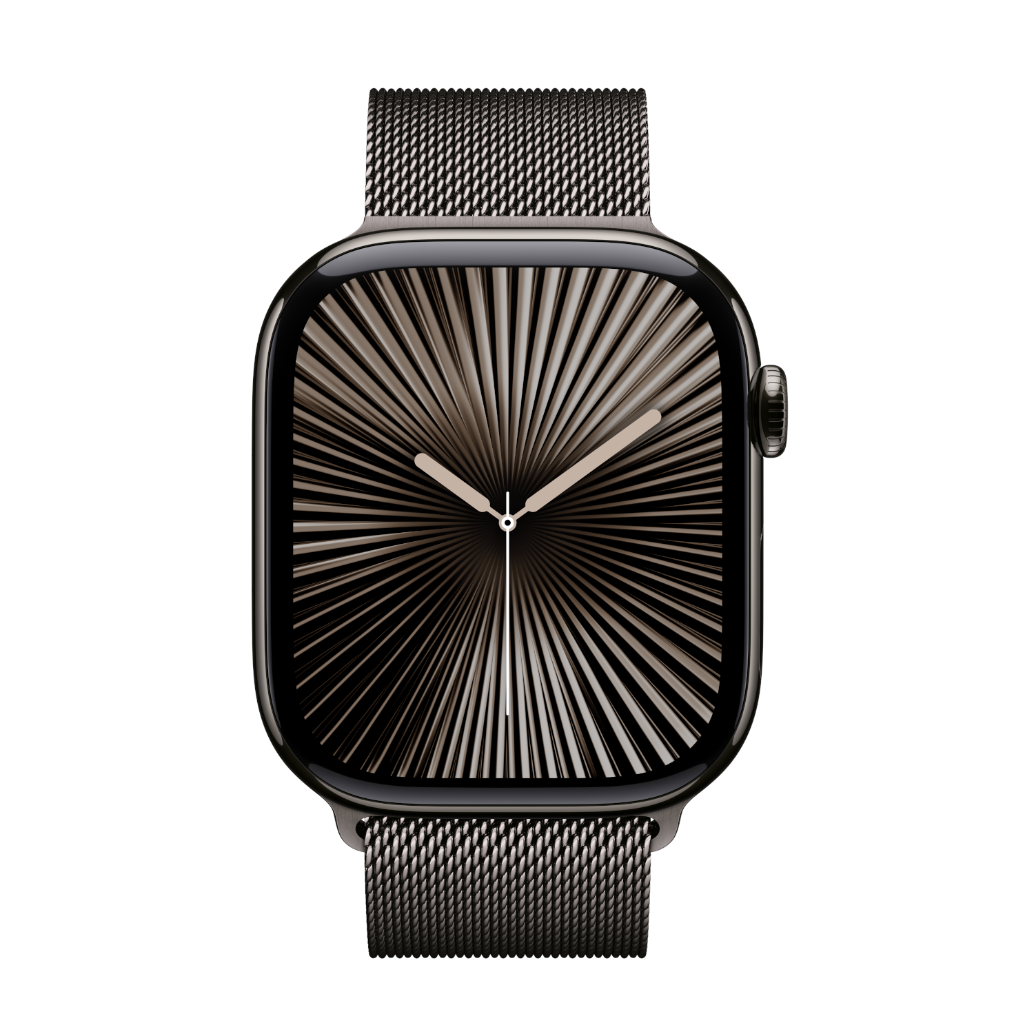 Montre connectée noire avec bracelet en métal. Le cadran a un design en rayons de soleil.