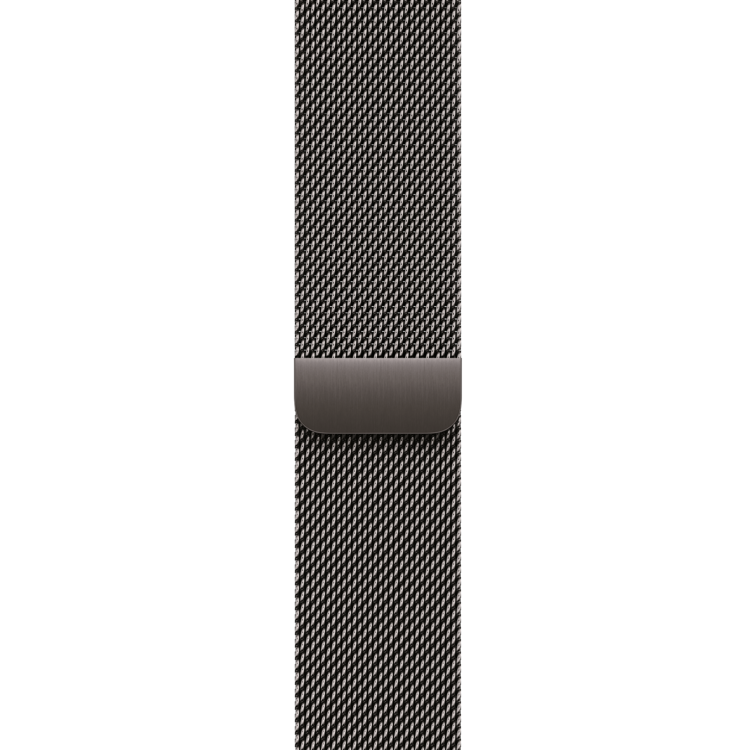 Gros plan sur un bracelet de montre métallique. Le bracelet est gris et tressé avec un fermoir magnétique.