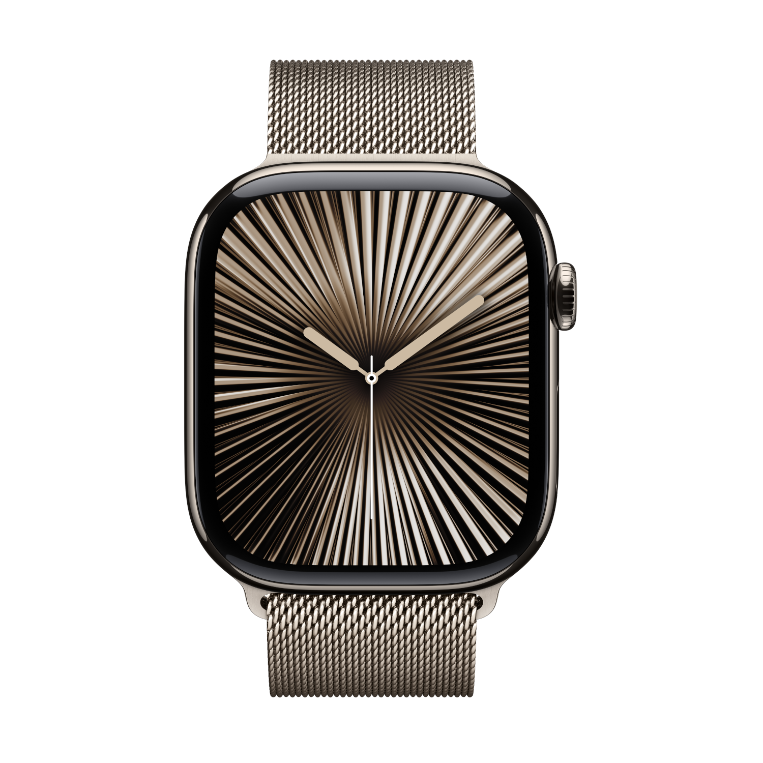 Une Apple Watch avec un bracelet argenté et un cadran affichant un motif ensoleillé. Fond noir.