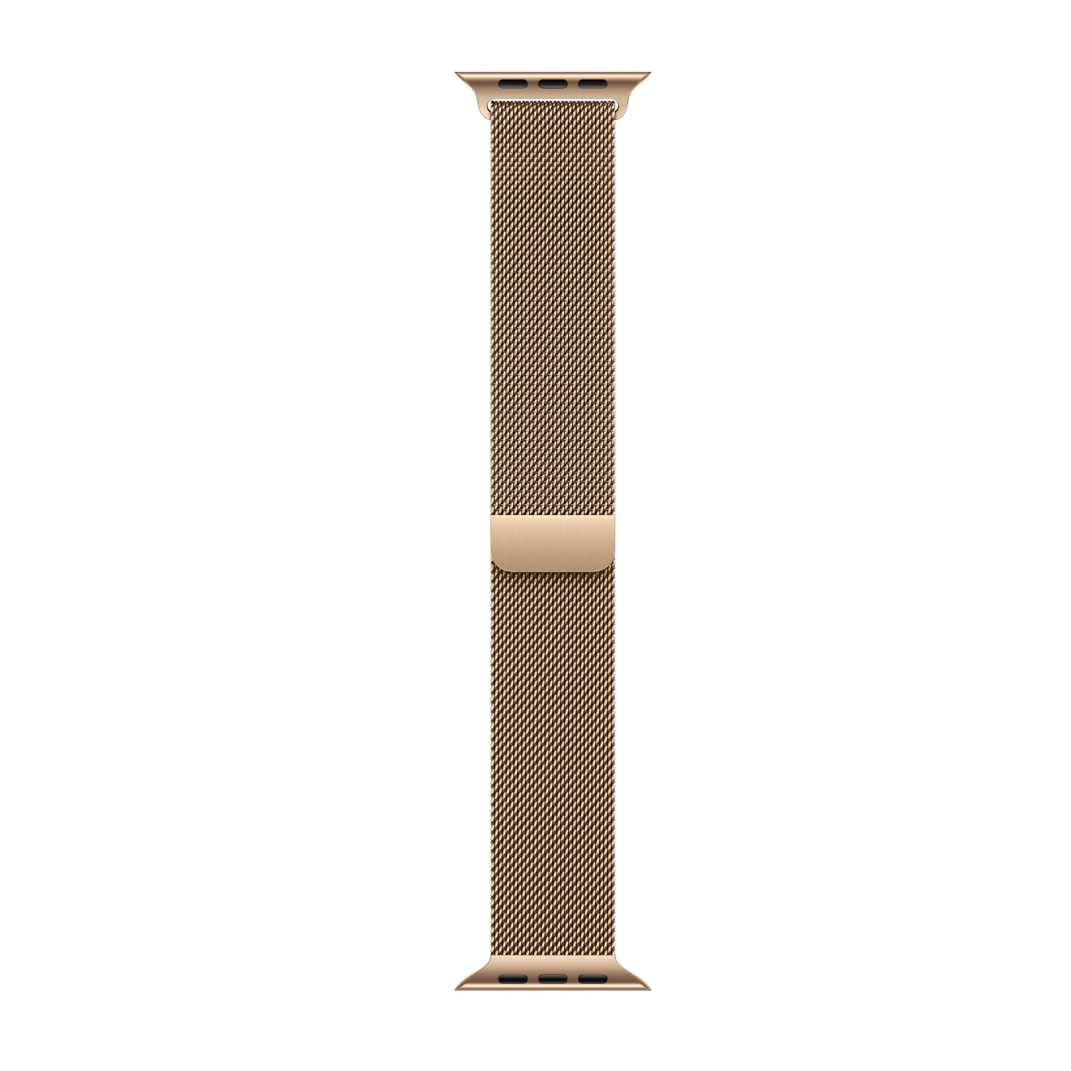 Gouden Milanese Loop Apple Watch band op zwarte achtergrond.