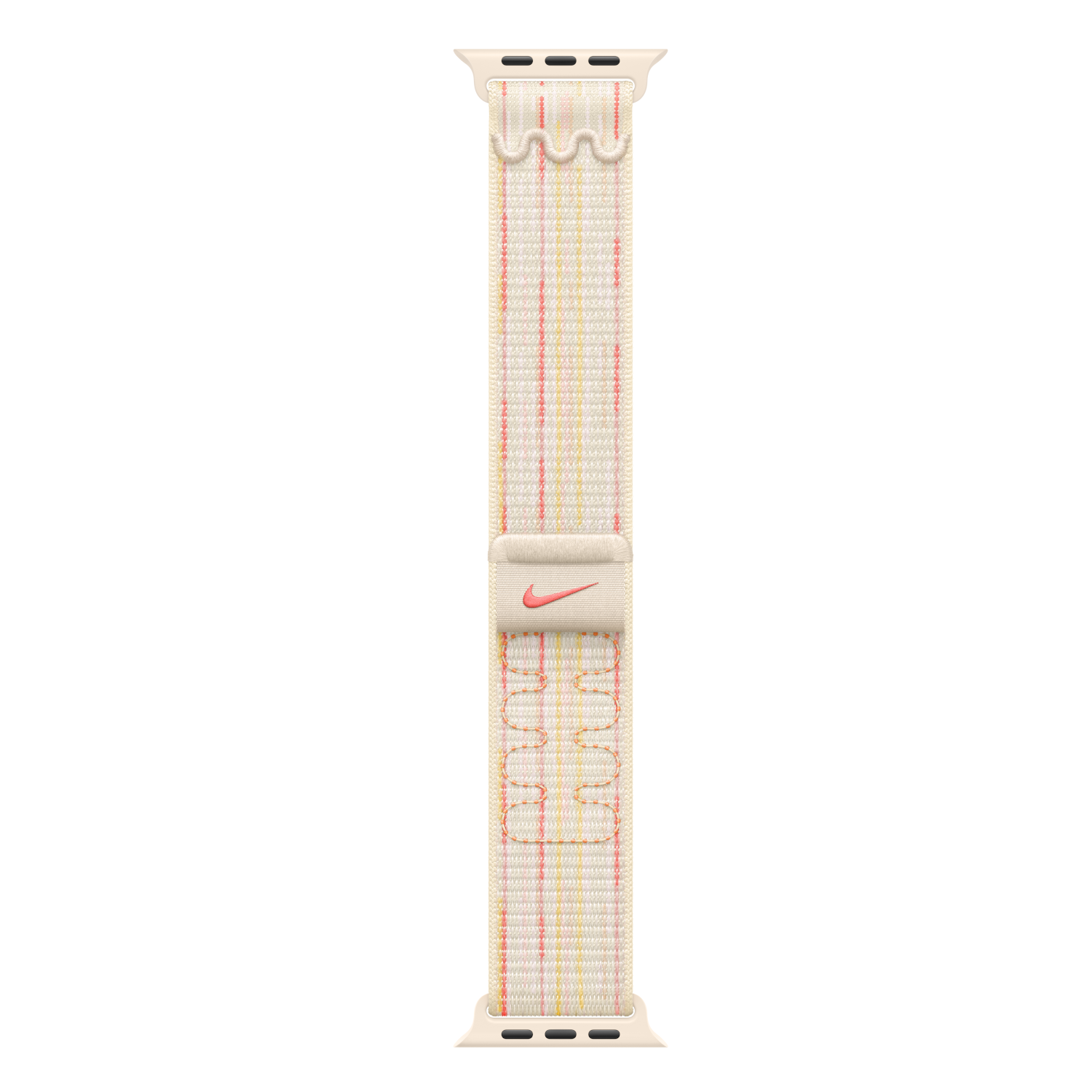Bracelet Apple Watch beige avec la marque Nike. Il a des rayures rouges et jaunes et un design ondulé.