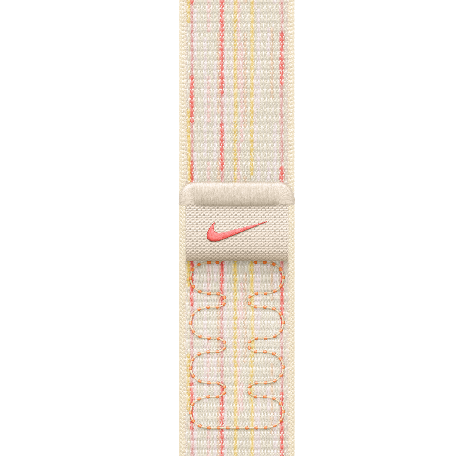 Bracelet de montre Nike à rayures blanches et roses, avec un logo Nike rouge.