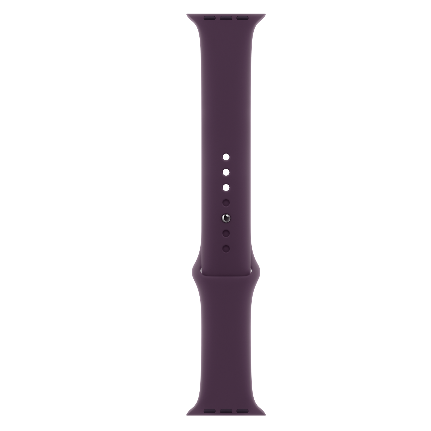 Purple watch strap on black. Strap has holes and is connected at the top.