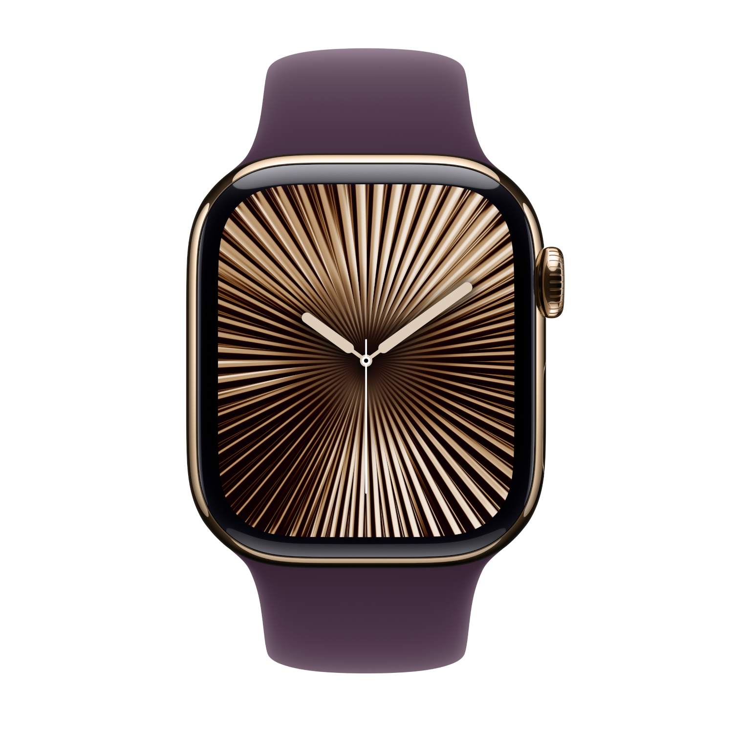 Gold watch with a purple band, face showing a patterned design.