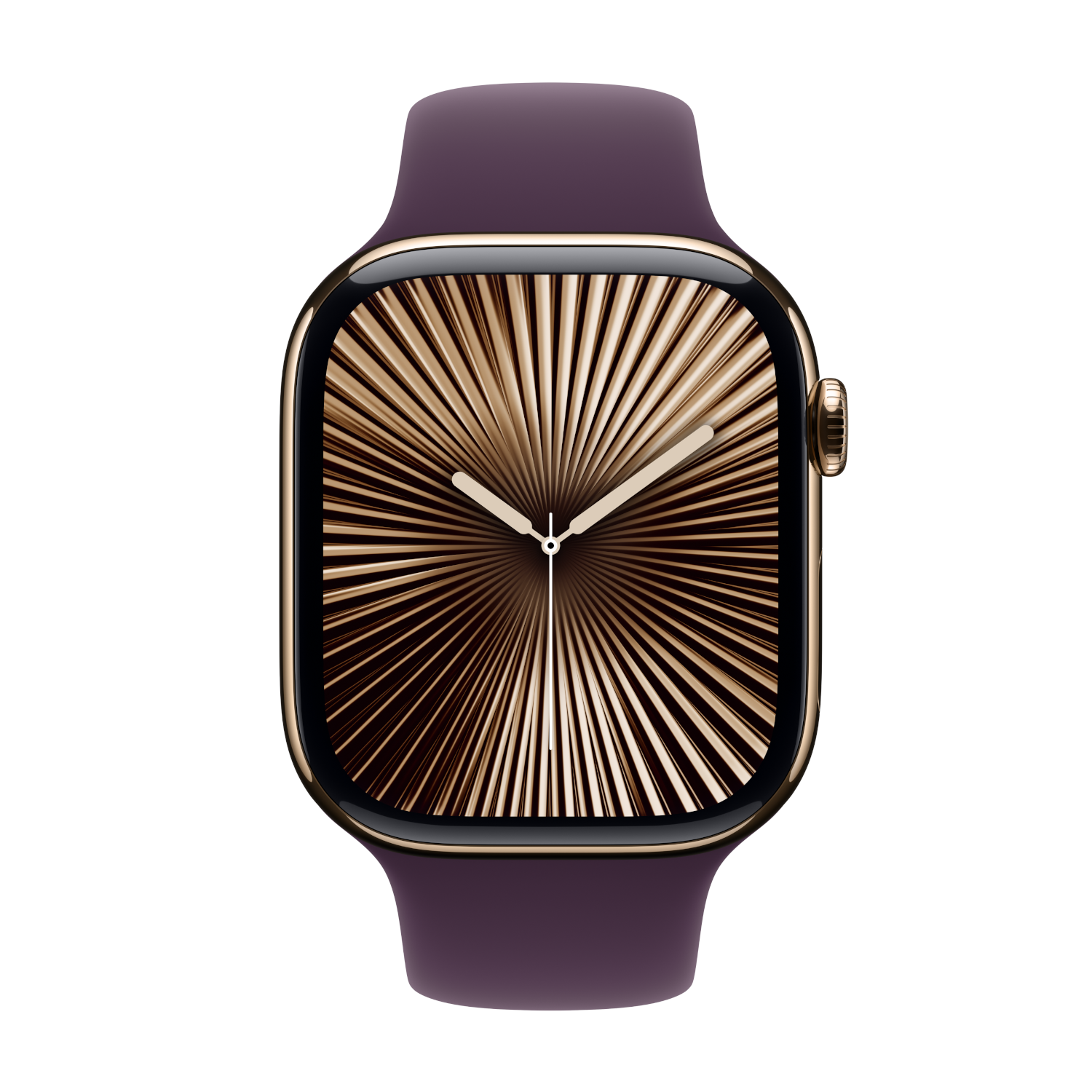 Purple Apple Watch with gold case, black screen with radial gold lines.