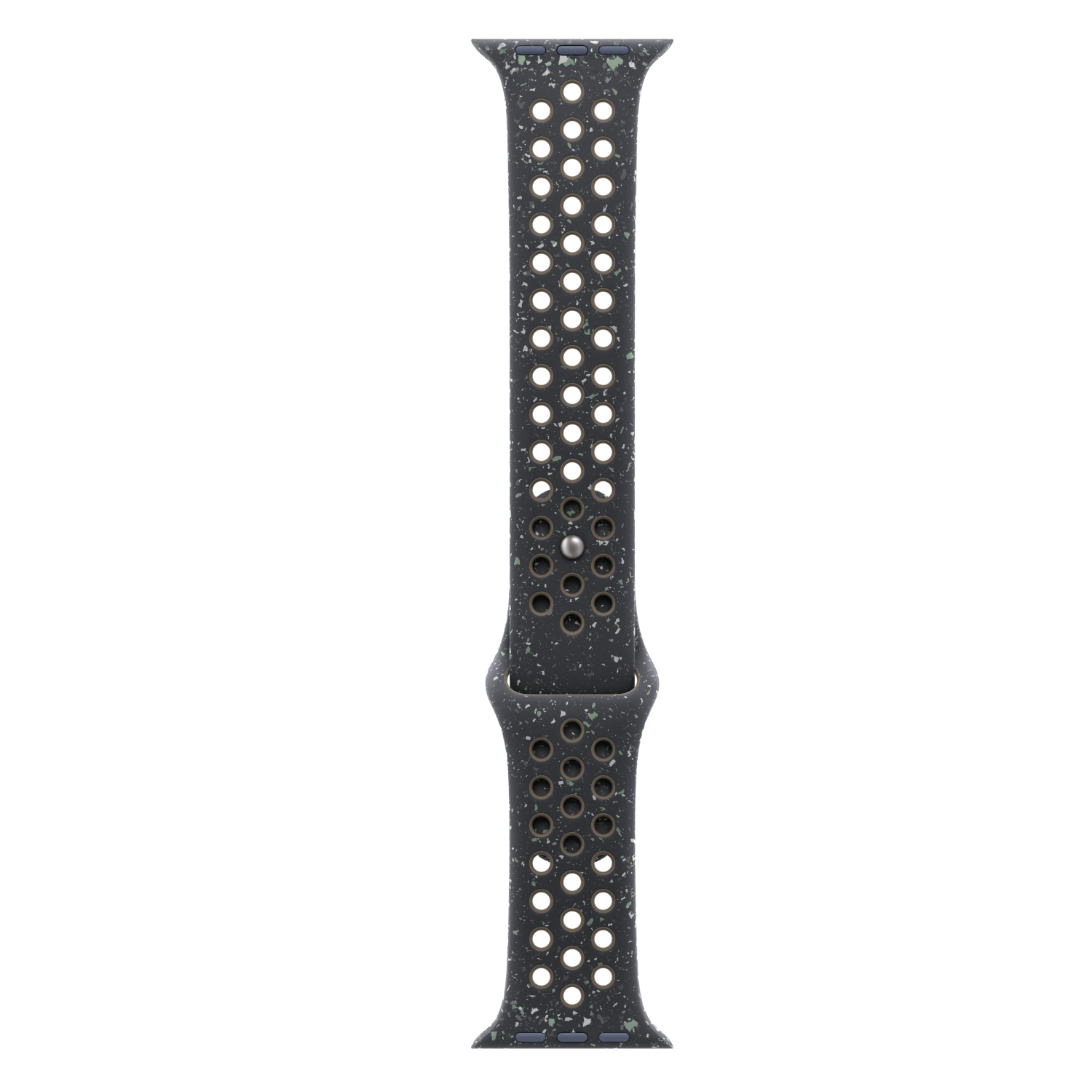 Een donkergrijze Apple Watch-band met veel kleine perforaties. Op een zwarte achtergrond.