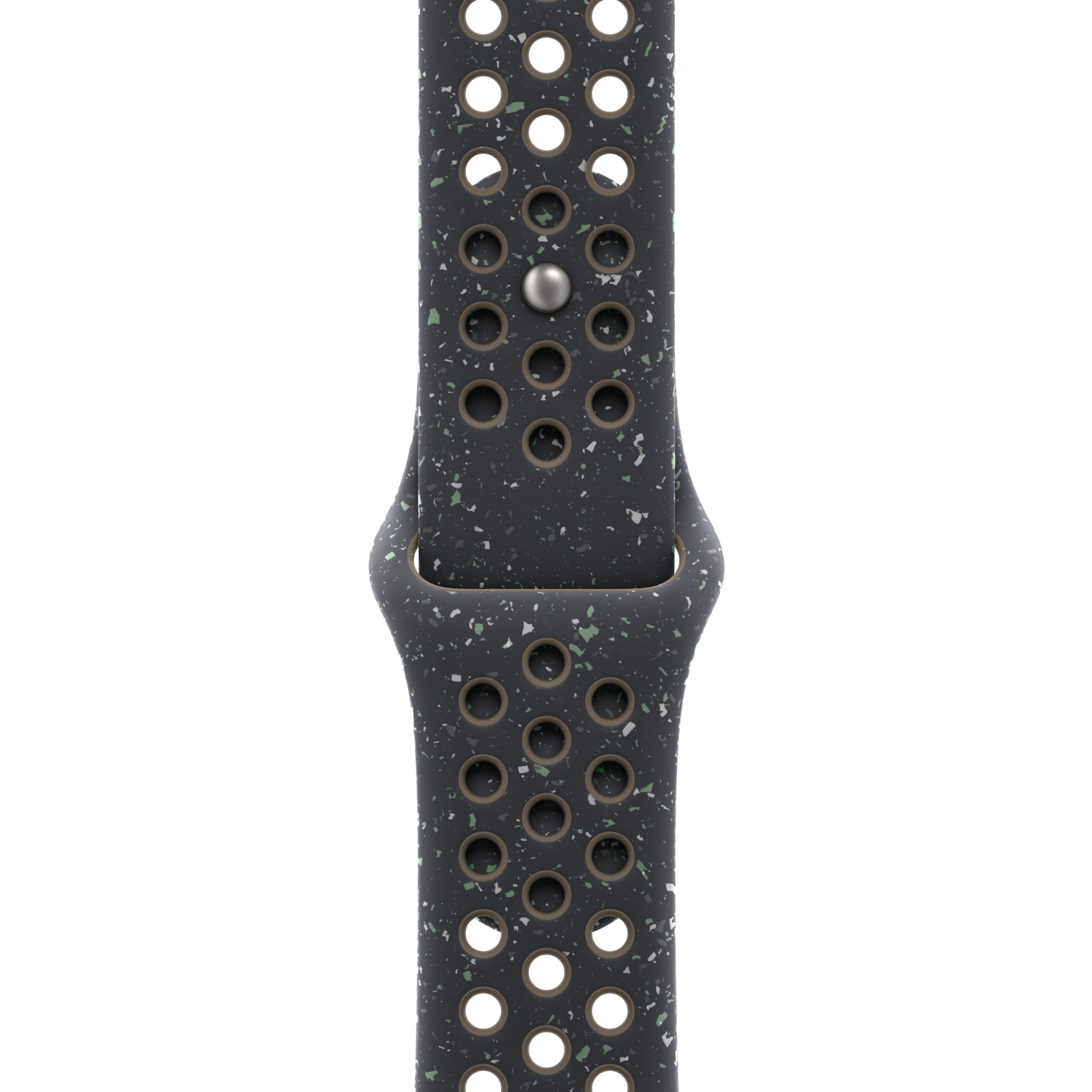 Close-up van een donkerblauwe Apple Watch band met gaten en een gespikkeld ontwerp.