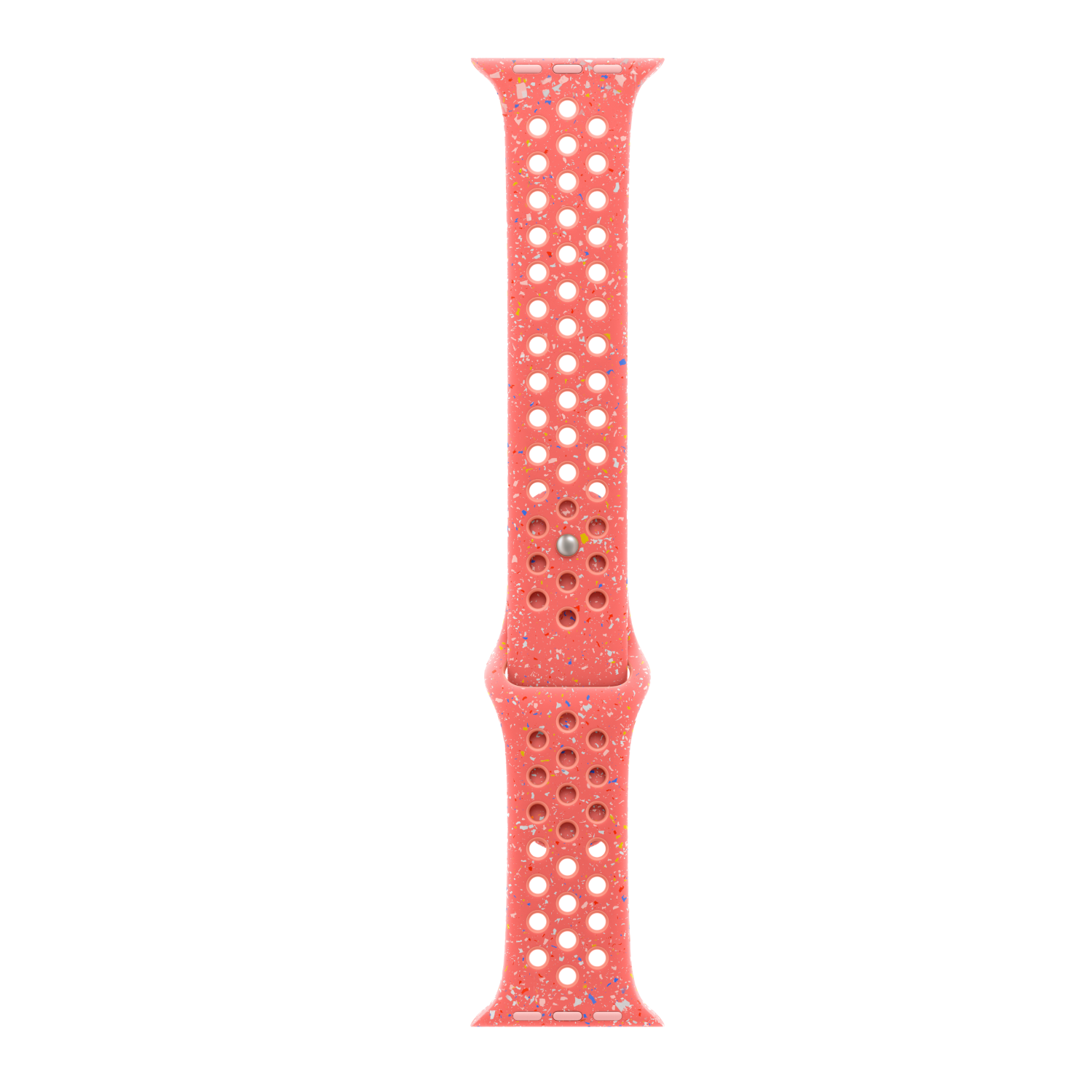 Roze Apple Watch band met veel kleine gaatjes. De band heeft een gespikkelde textuur en staat tegen een zwarte achtergrond.