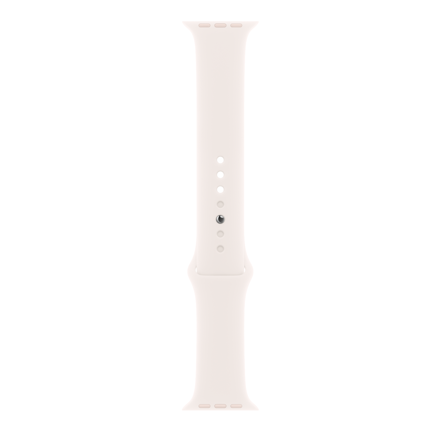 White Apple Watch band with holes and a clip. Black background.