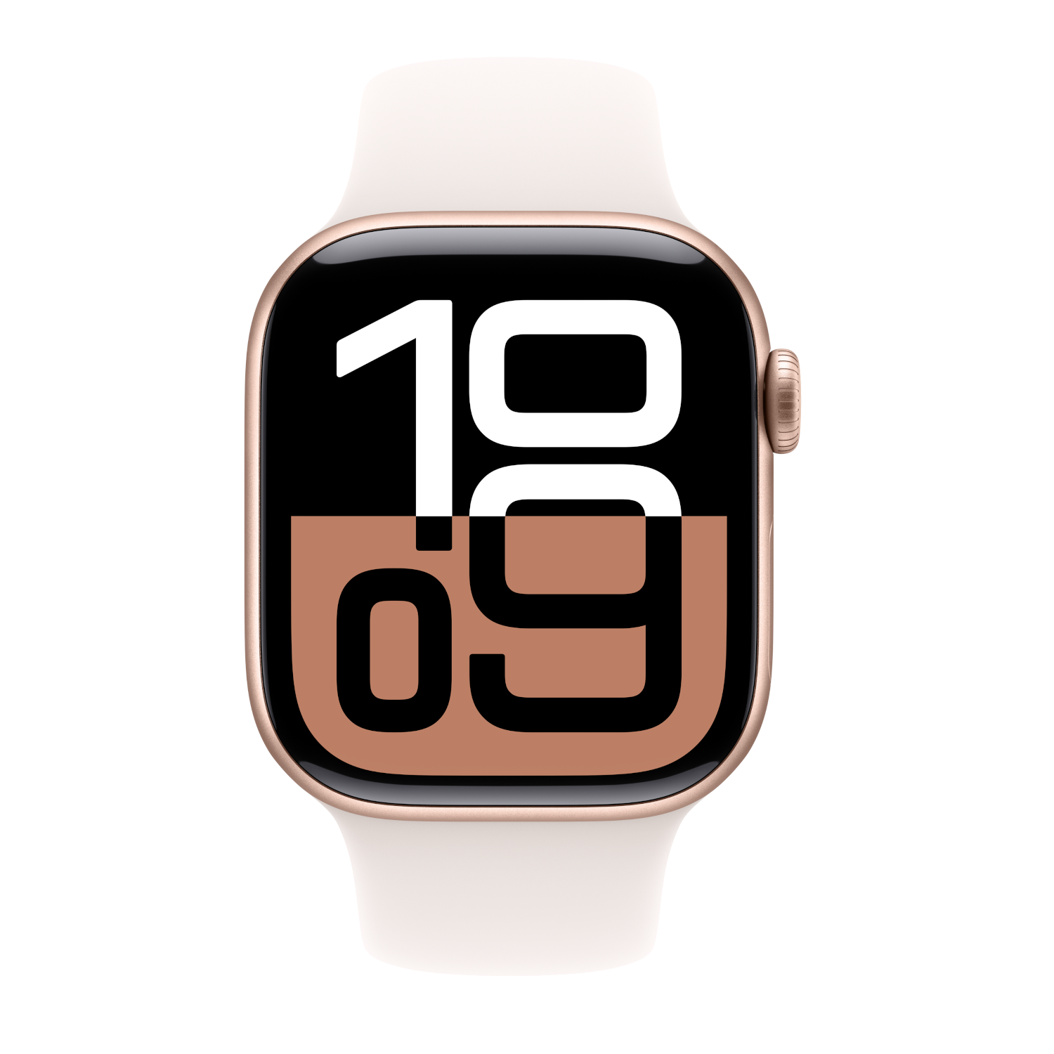 Apple Watch with a white band. The screen displays the time '10:09' in large white numbers on a brown background.