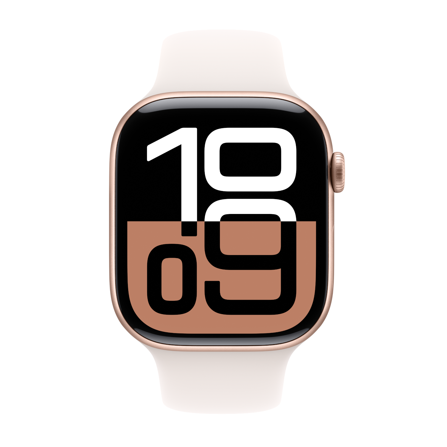 A smartwatch with a white band displays the time 10:09. The watch face is a two-tone color scheme.