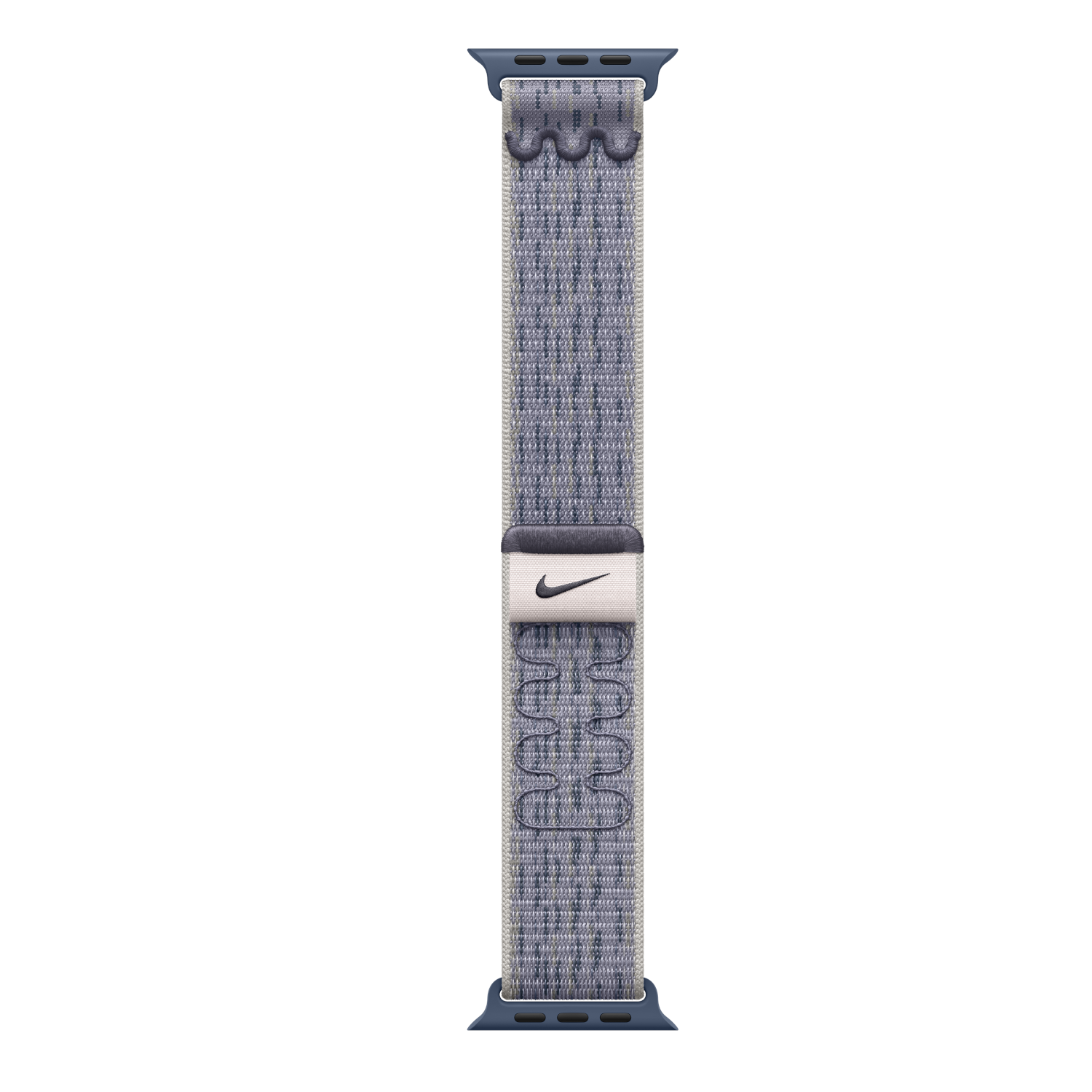 Apple Watch band. Grijze stof met een zwart Nike logo en blauwe randen. Heeft een grijze streep in het midden.
