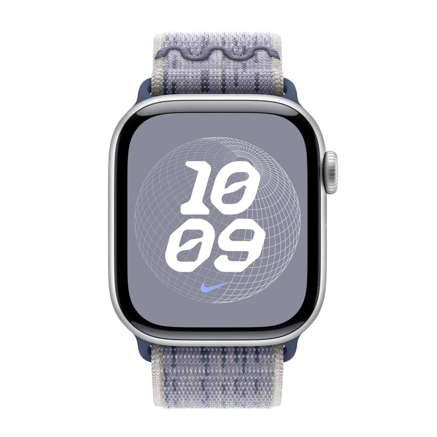 Apple Watch met een blauw-grijze sport loop band, met de tijd 10:09, op zwarte achtergrond.