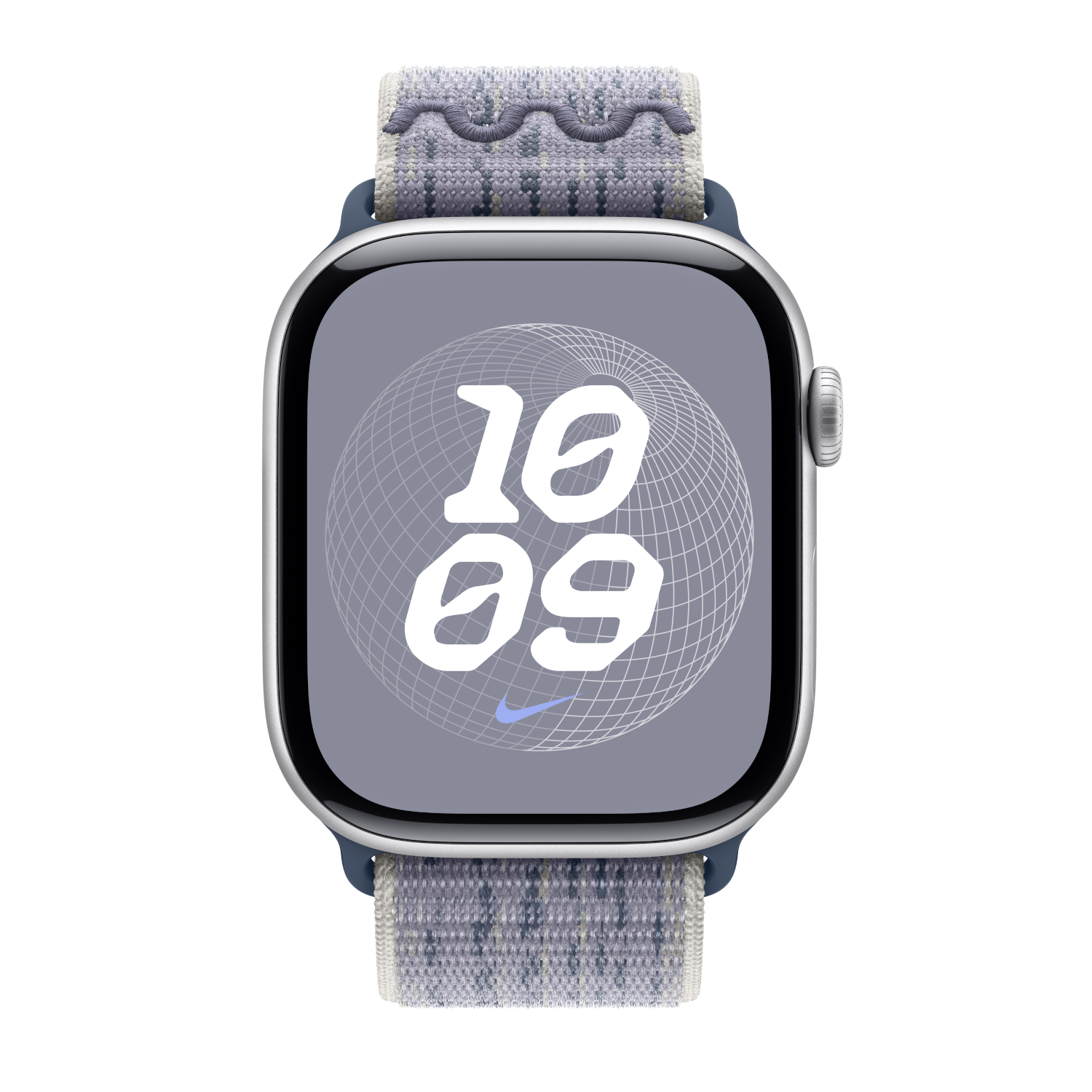 Een zilveren Apple Watch met een blauwgrijze stoffen band, met digitale interface.