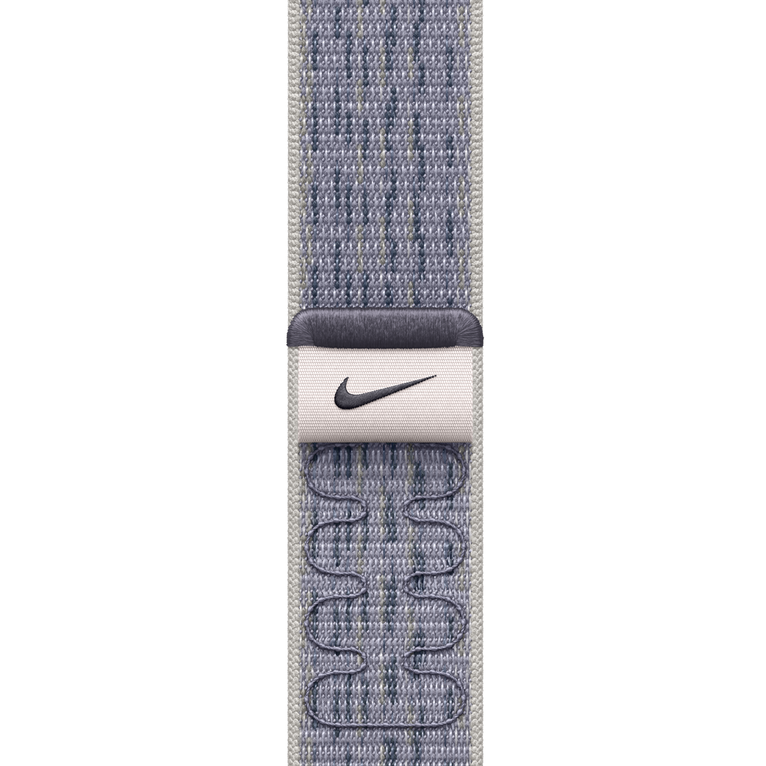Nike Apple Watch band, blauw en grijs patroon, met een zwart Nike logo en sluiting.