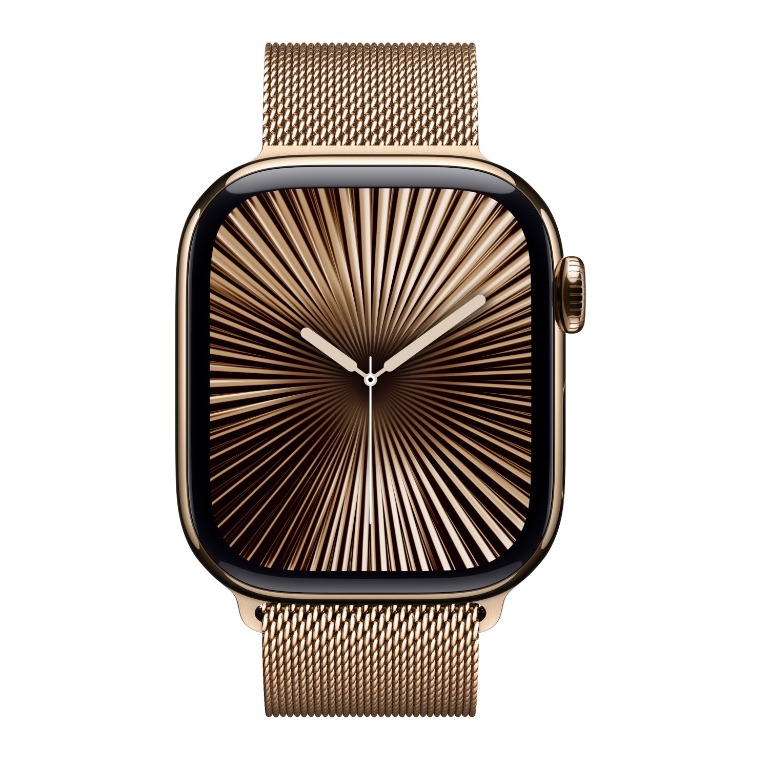 Een gouden Apple Watch met een gouden mesh band, die de tijd op het scherm toont met gouden stralen.