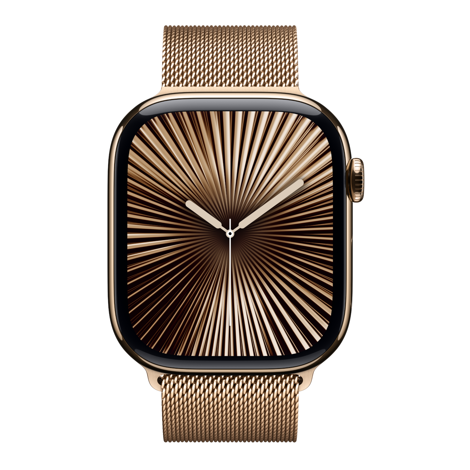 Gouden Apple Watch met gouden mesh band, met een radiaal ontwerp op de wijzerplaat.