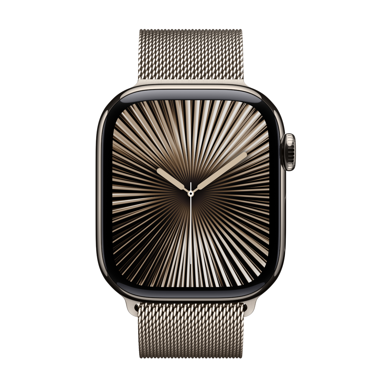 Een Apple Watch met een metalen mesh-band, met een zonnestraalontwerp op het scherm.