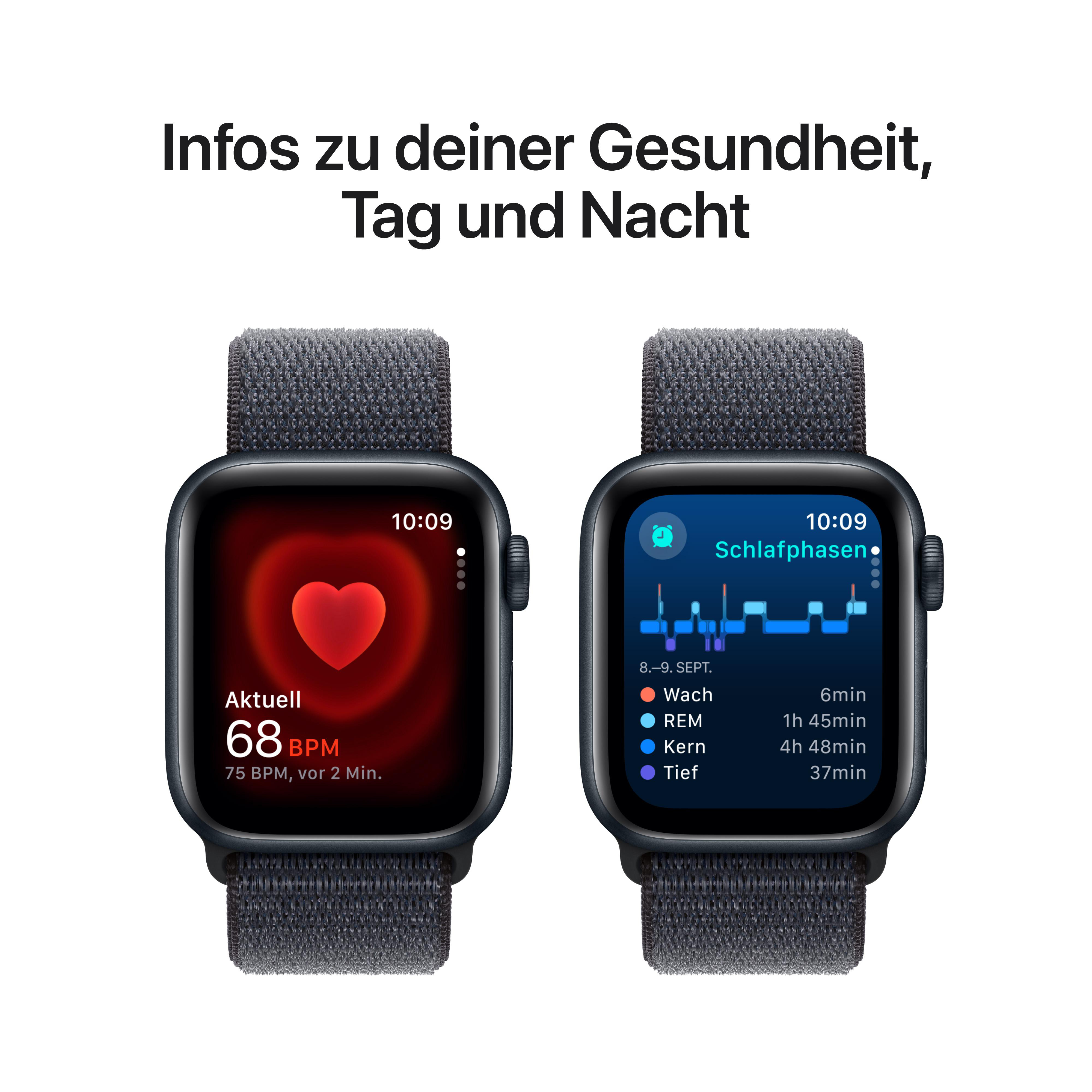 Zwei Apple Watches zeigen Gesundheitsdaten: Herzfrequenz und Schlafphasen.