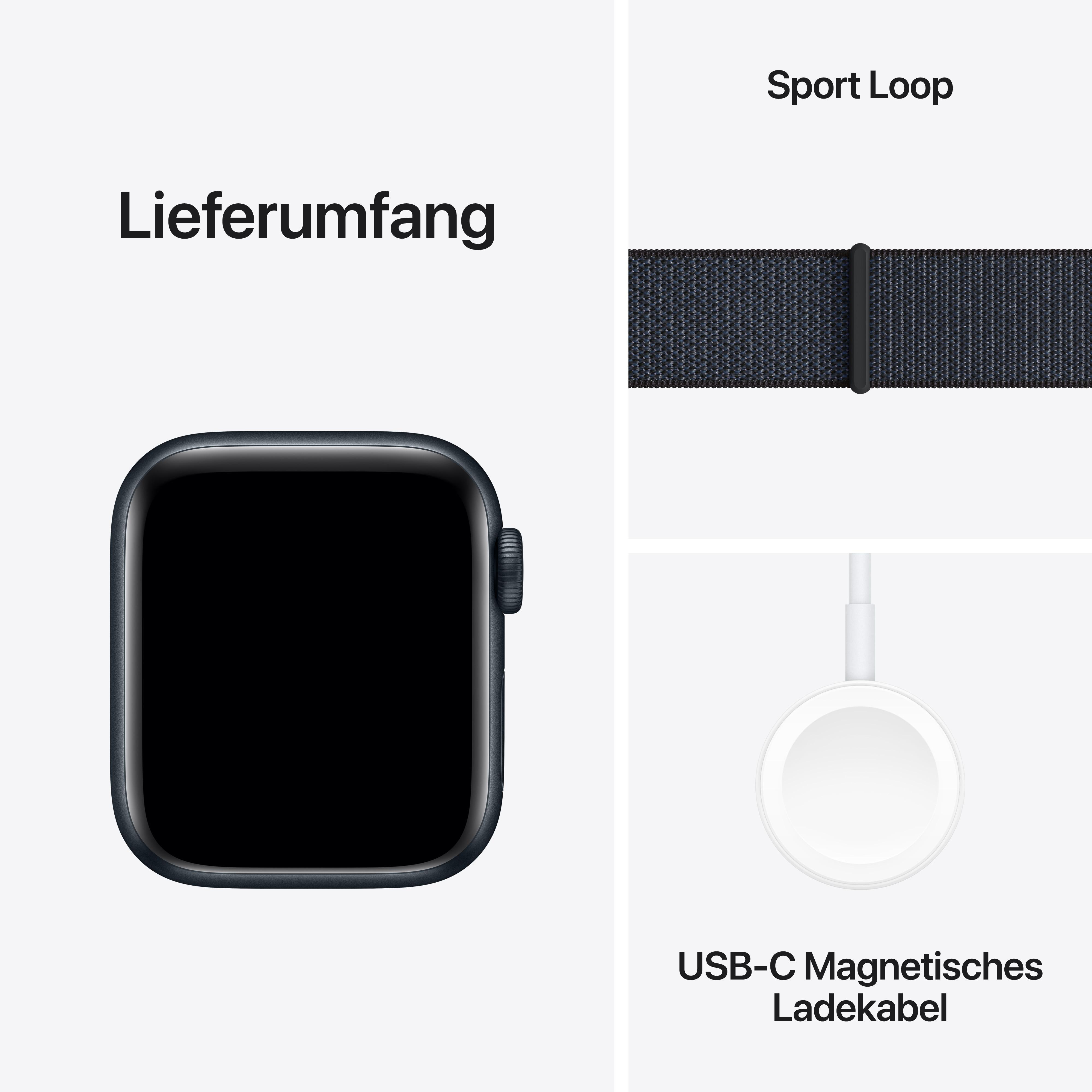Eine Apple Watch, ein Sport Loop Armband und ein magnetisches USB-C-Ladekabel, alles in Weiß.