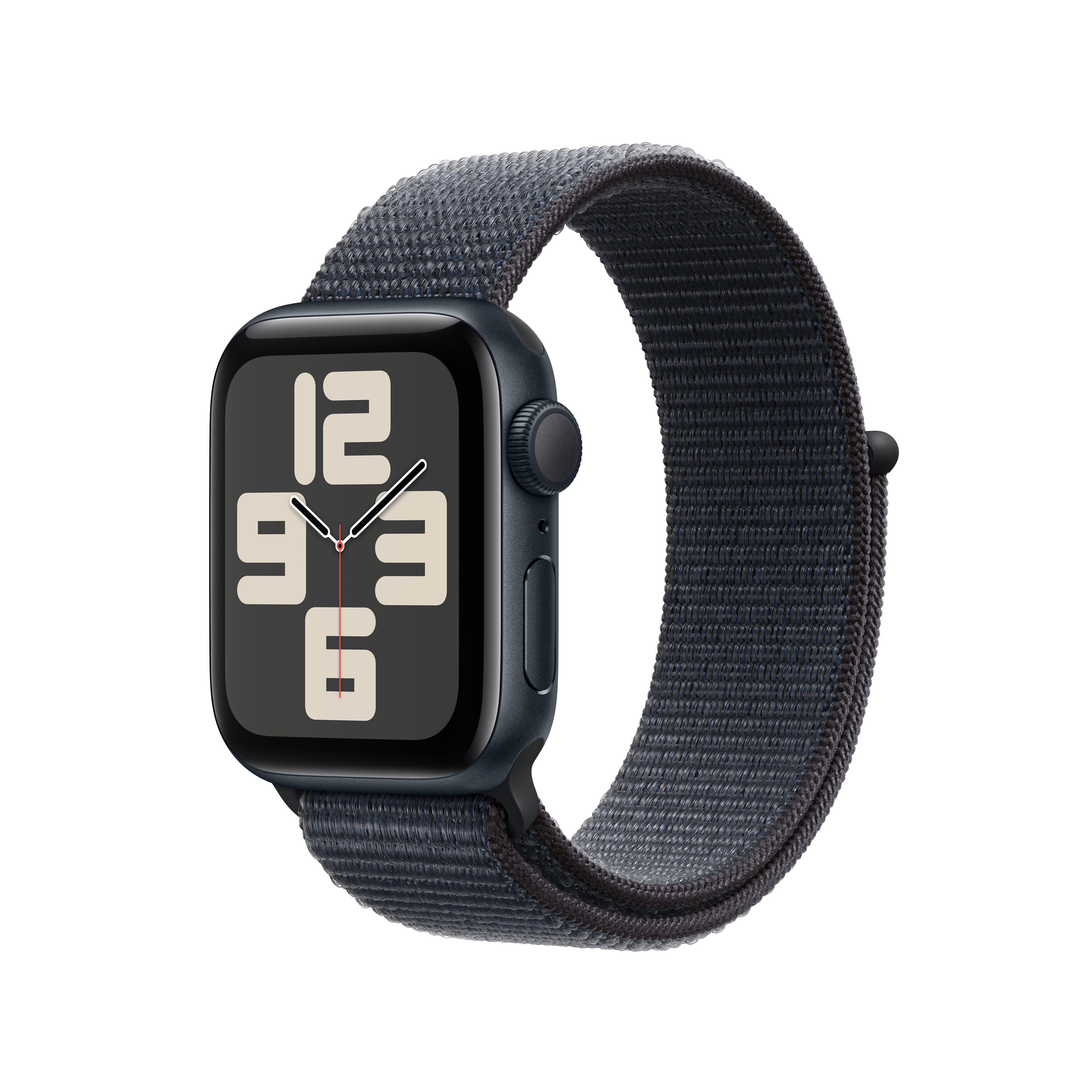 Apple Watch, marineblaues Armband, schwarzes Zifferblatt mit digitalen Zahlen, schwarzes Zifferblatt.