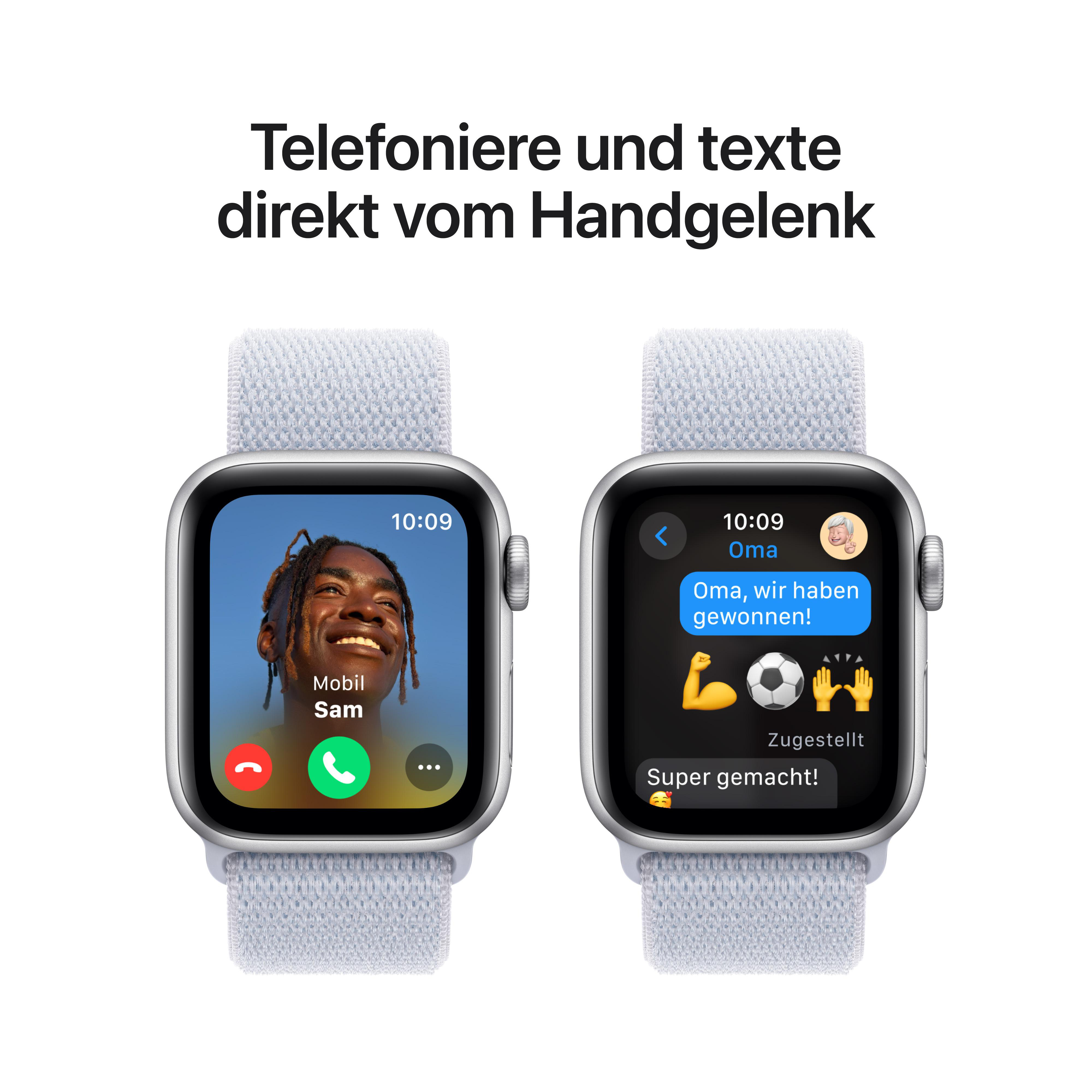 Zwei Apple Watches zeigen einen Anruf und eine Textnachricht. Der Text lautet: 'Oma, wir haben das Spiel gewonnen!'