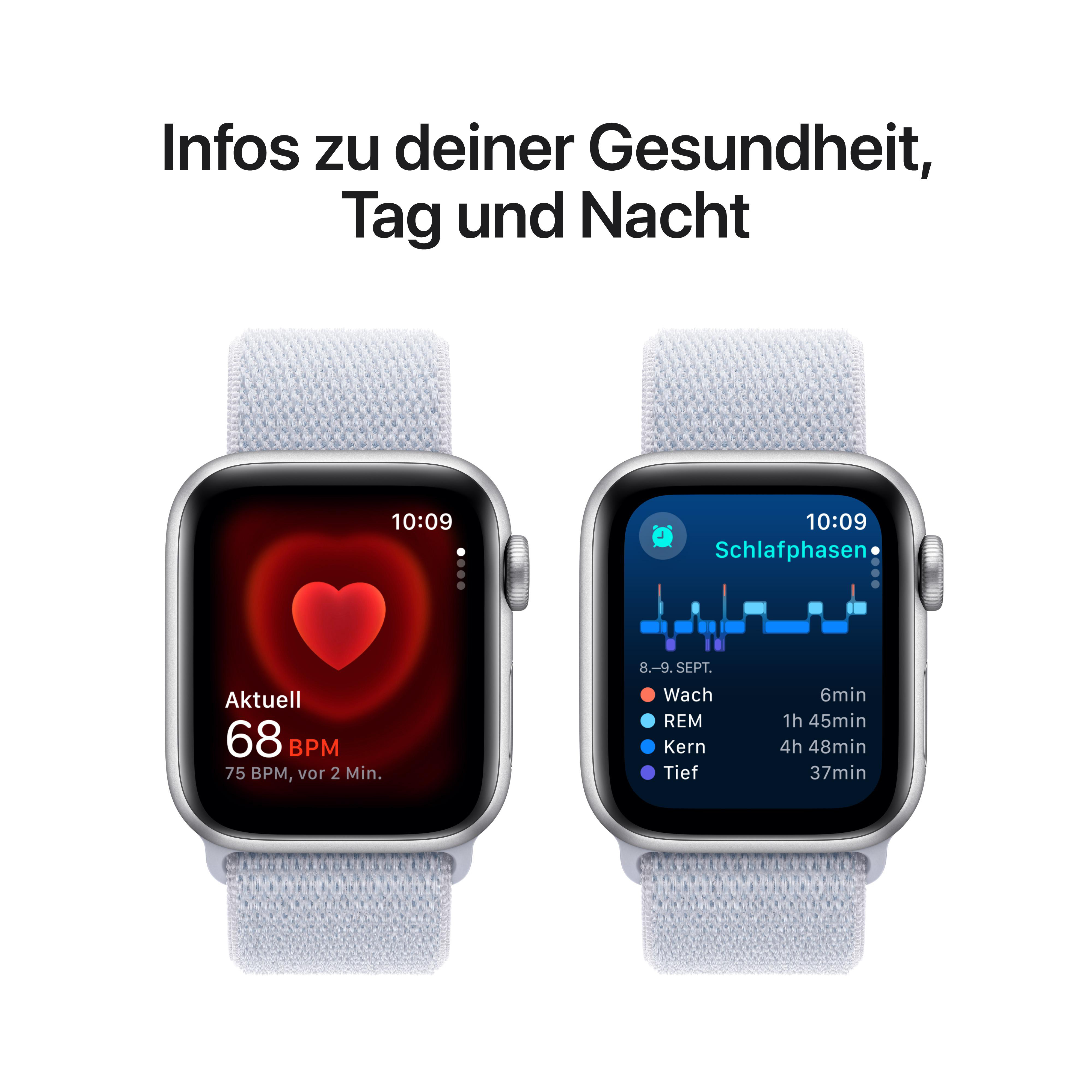 Zwei Apple Watches, die Gesundheitsdaten anzeigen, einschließlich Herzfrequenz und Schlafphasen. Text auf Deutsch.