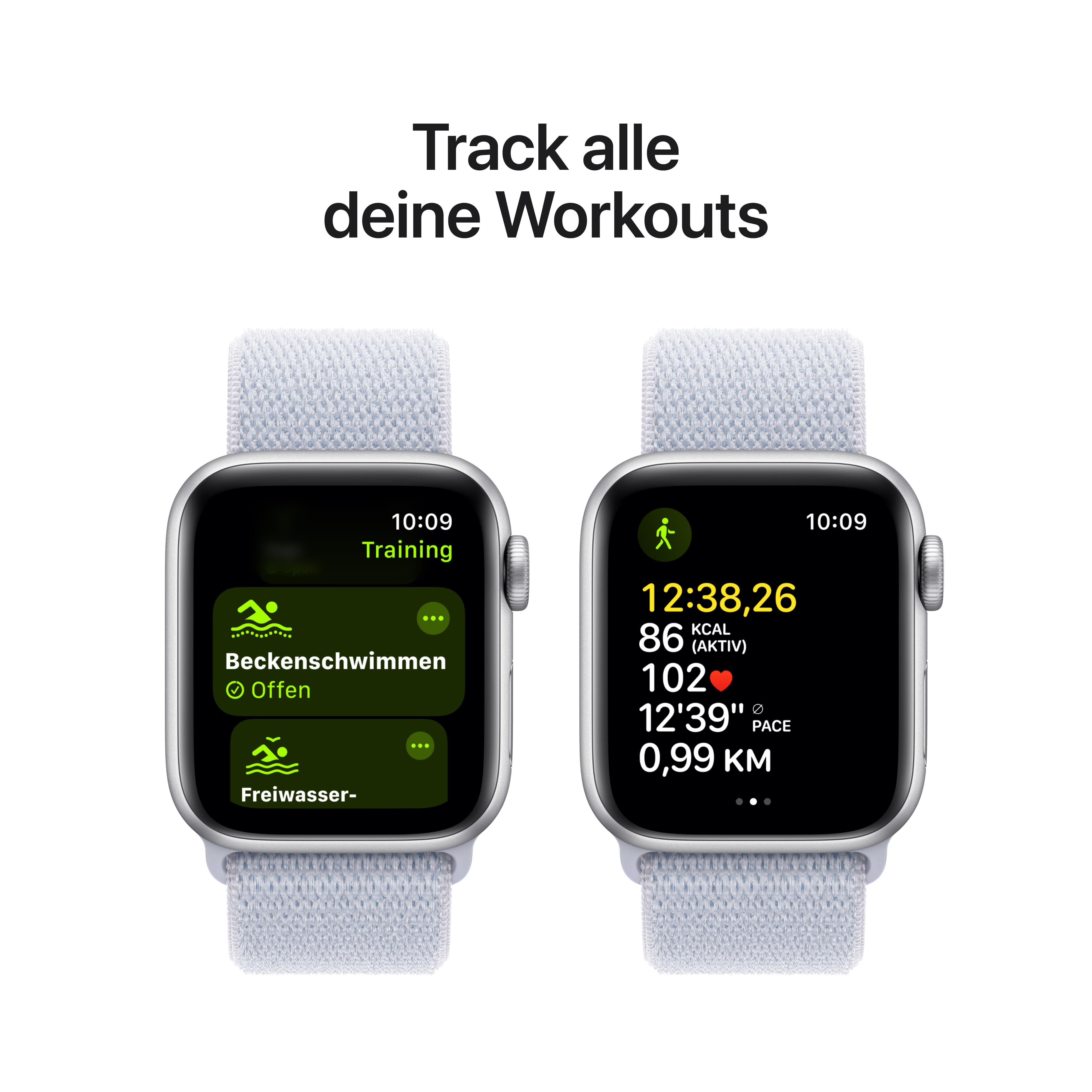 Zwei Apple Watches zeigen Trainingsdaten. Graue Bänder. Eine zeigt Schwimmen, die andere Laufen.