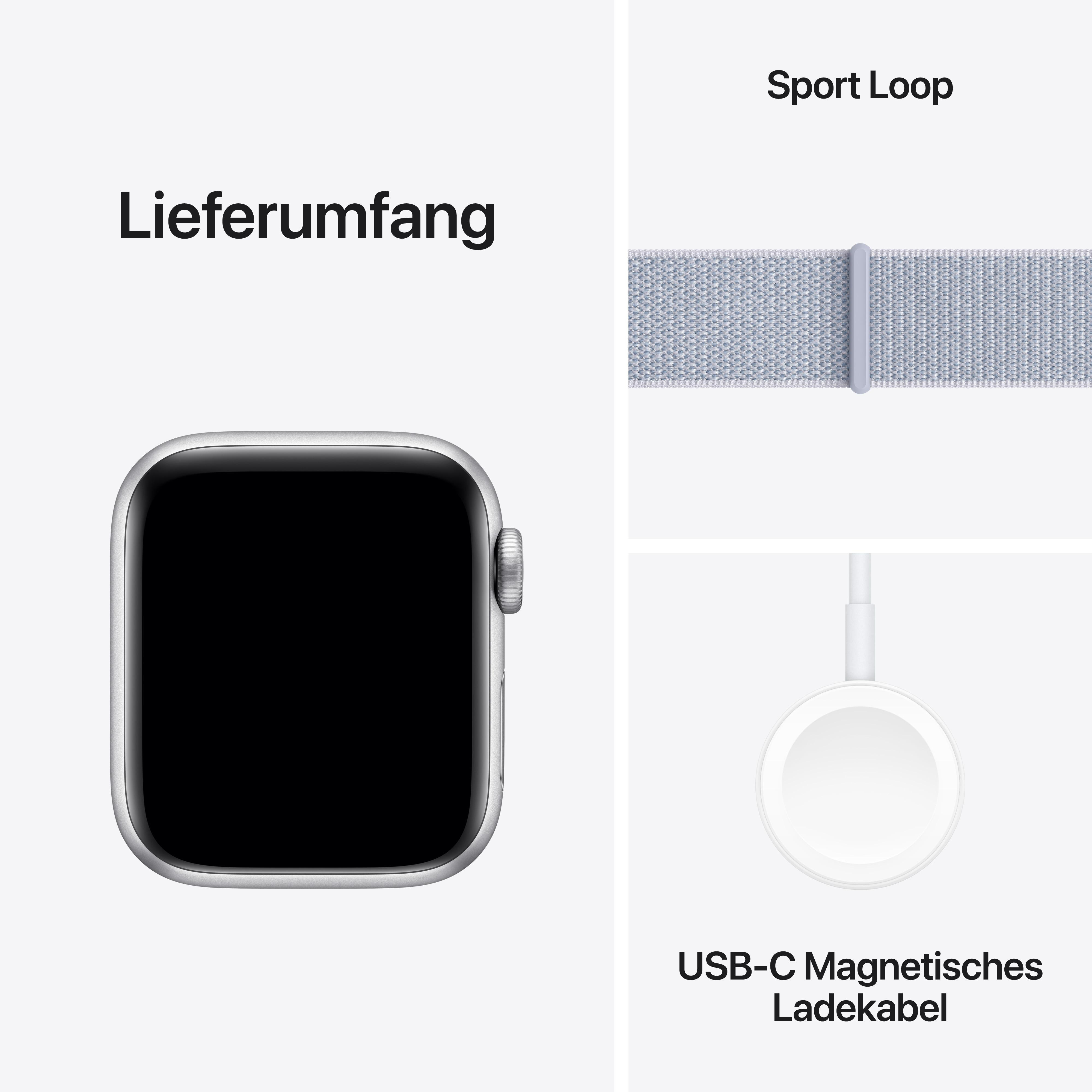 Eine Apple Watch mit Sport Loop Band, Ladekabel und Text.