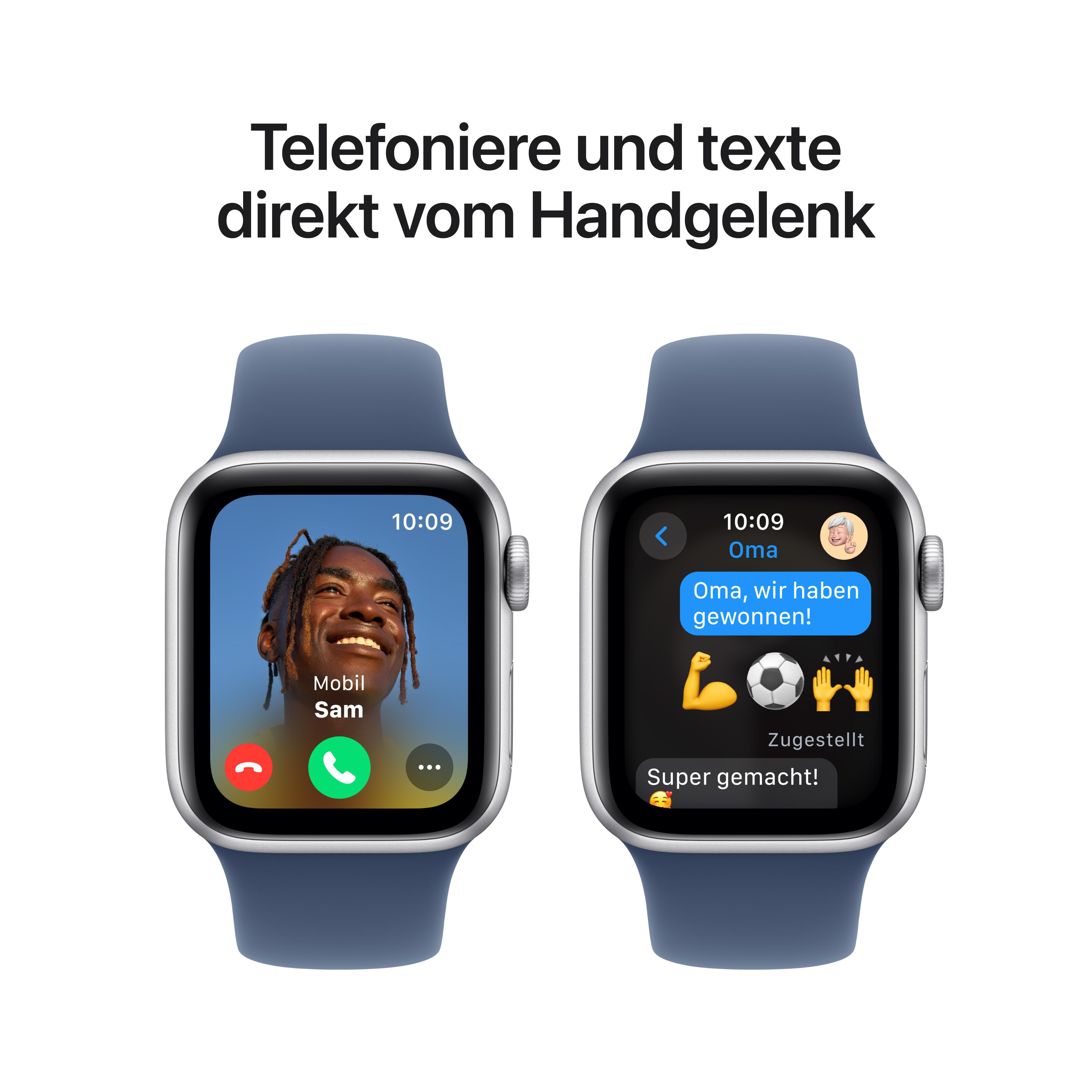 Zwei Apple Watches zeigen einen Anruf und Textnachrichten auf einem blauen Armband.
