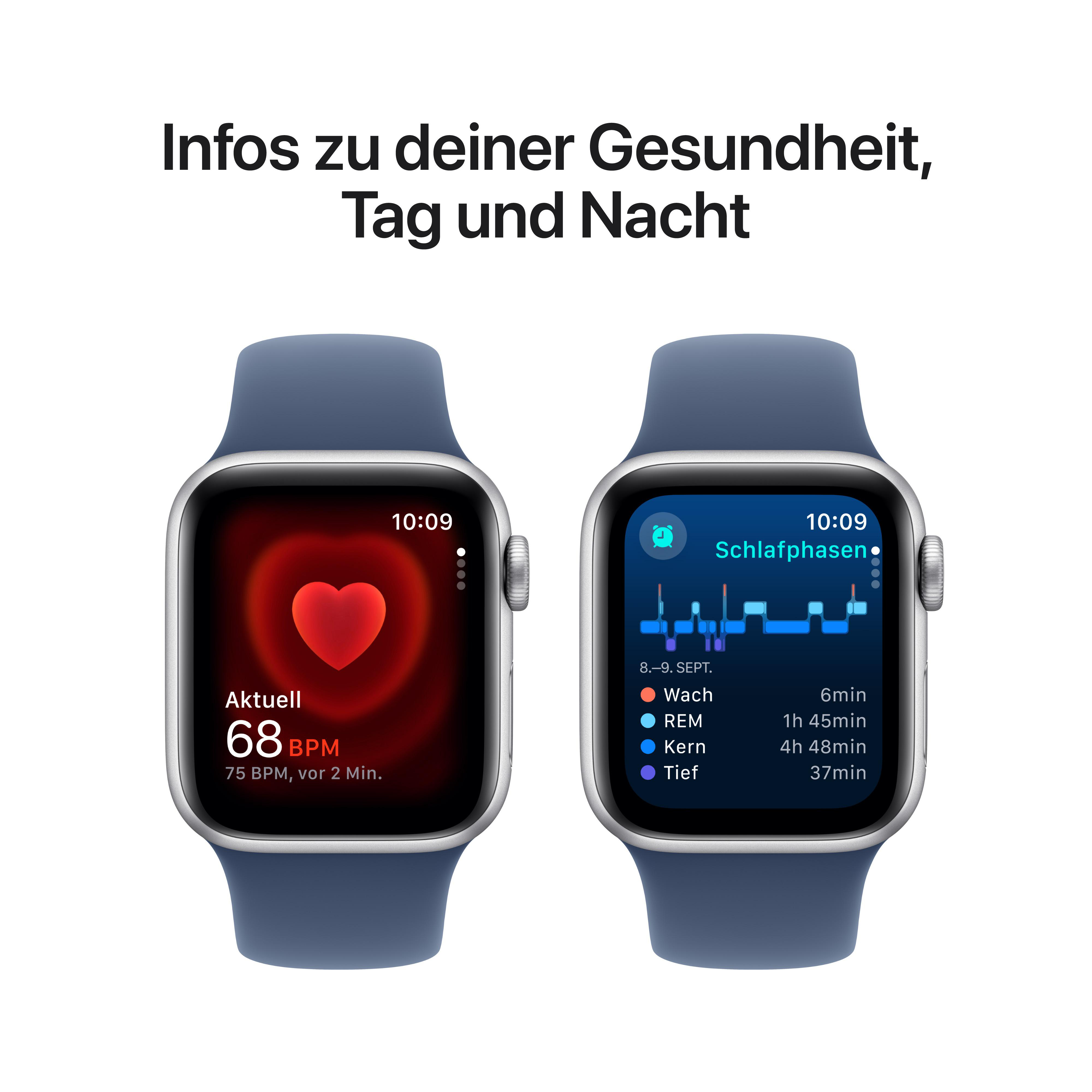 Zwei Smartwatches zeigen Gesundheitsdaten: Herzfrequenz und Schlafphasen.