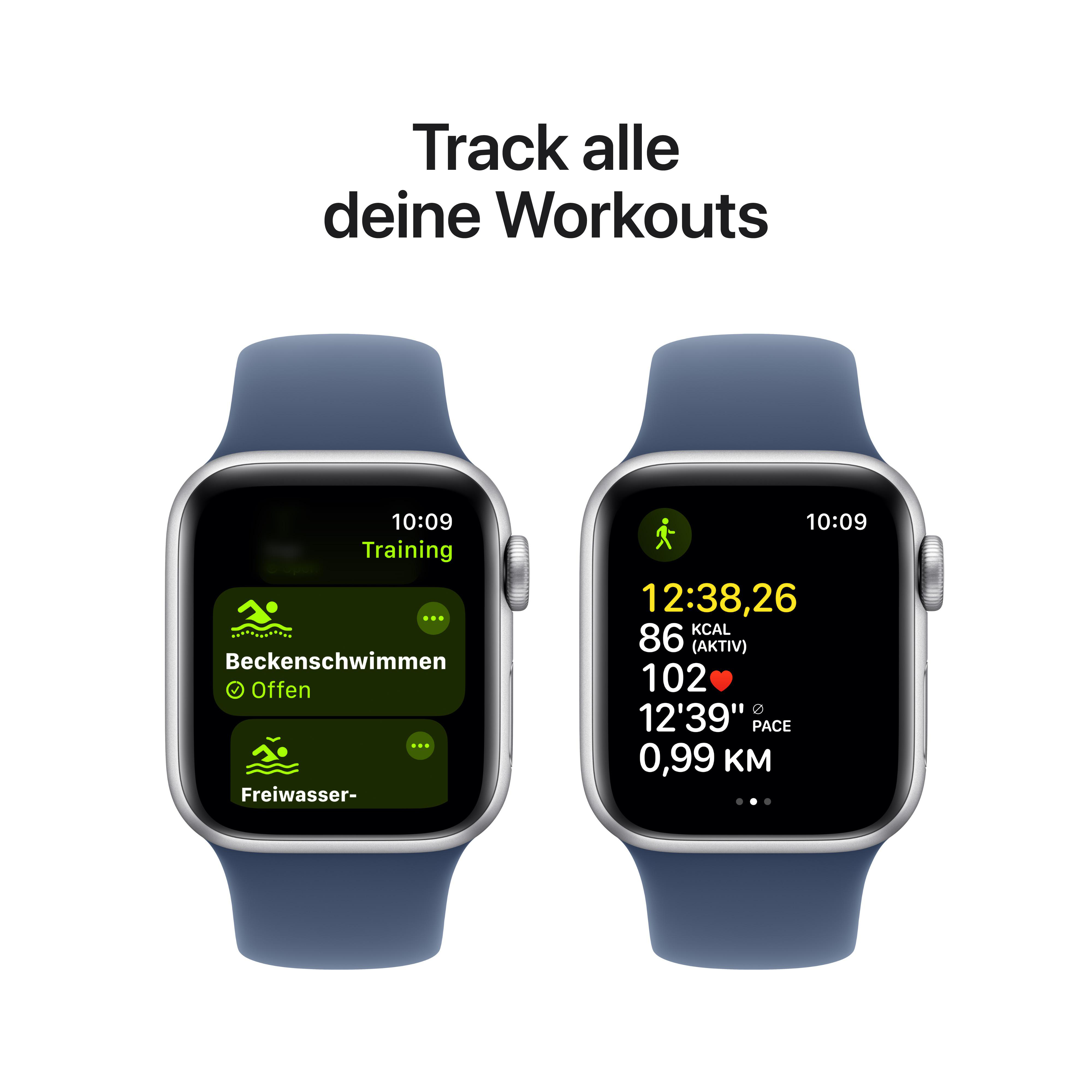 Zwei Apple Watches zeigen Trainingsdaten; Schwimmen und Aktivitätsmetriken.