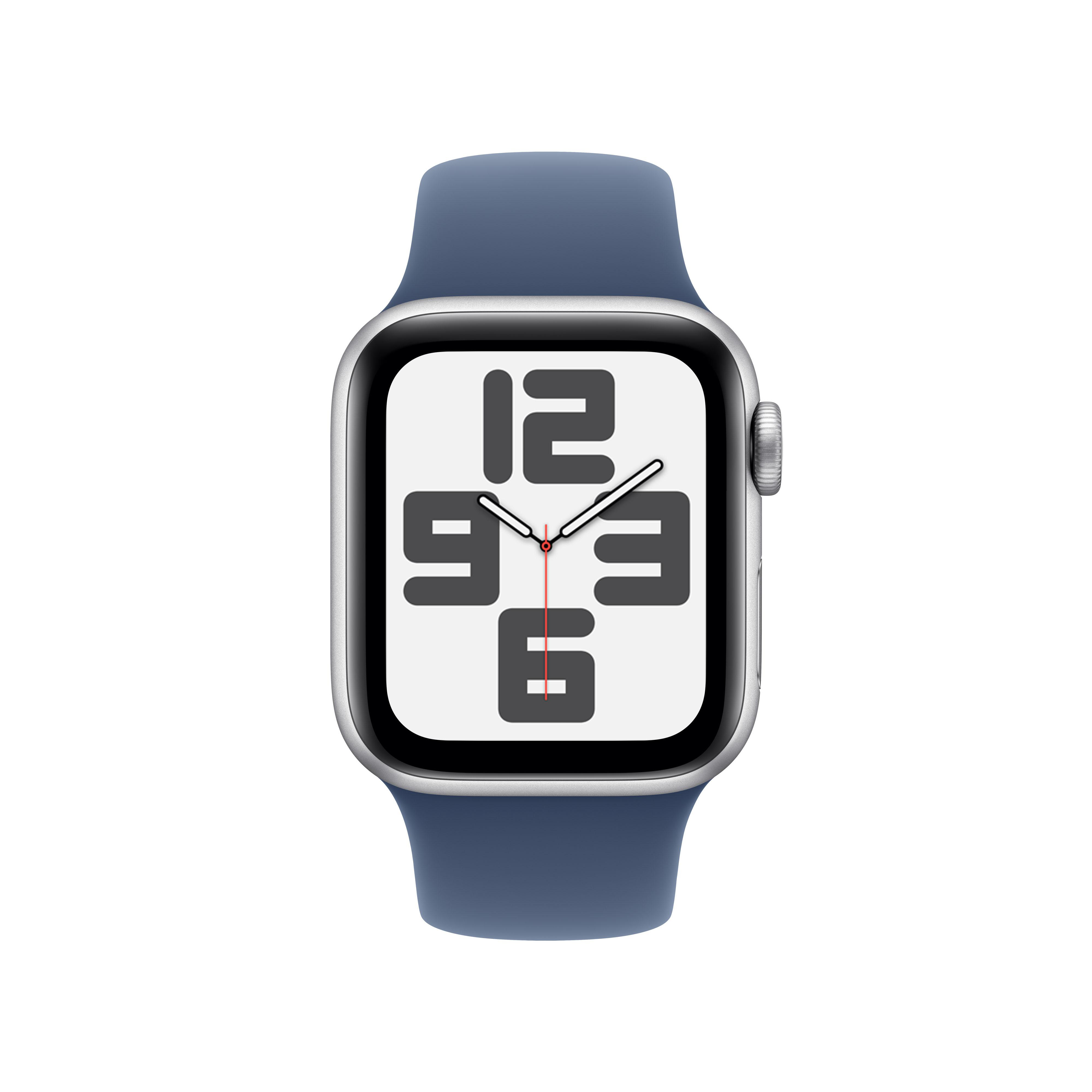 Silberne Apple Watch mit blauem Armband. Das Zifferblatt zeigt die Uhrzeit an.