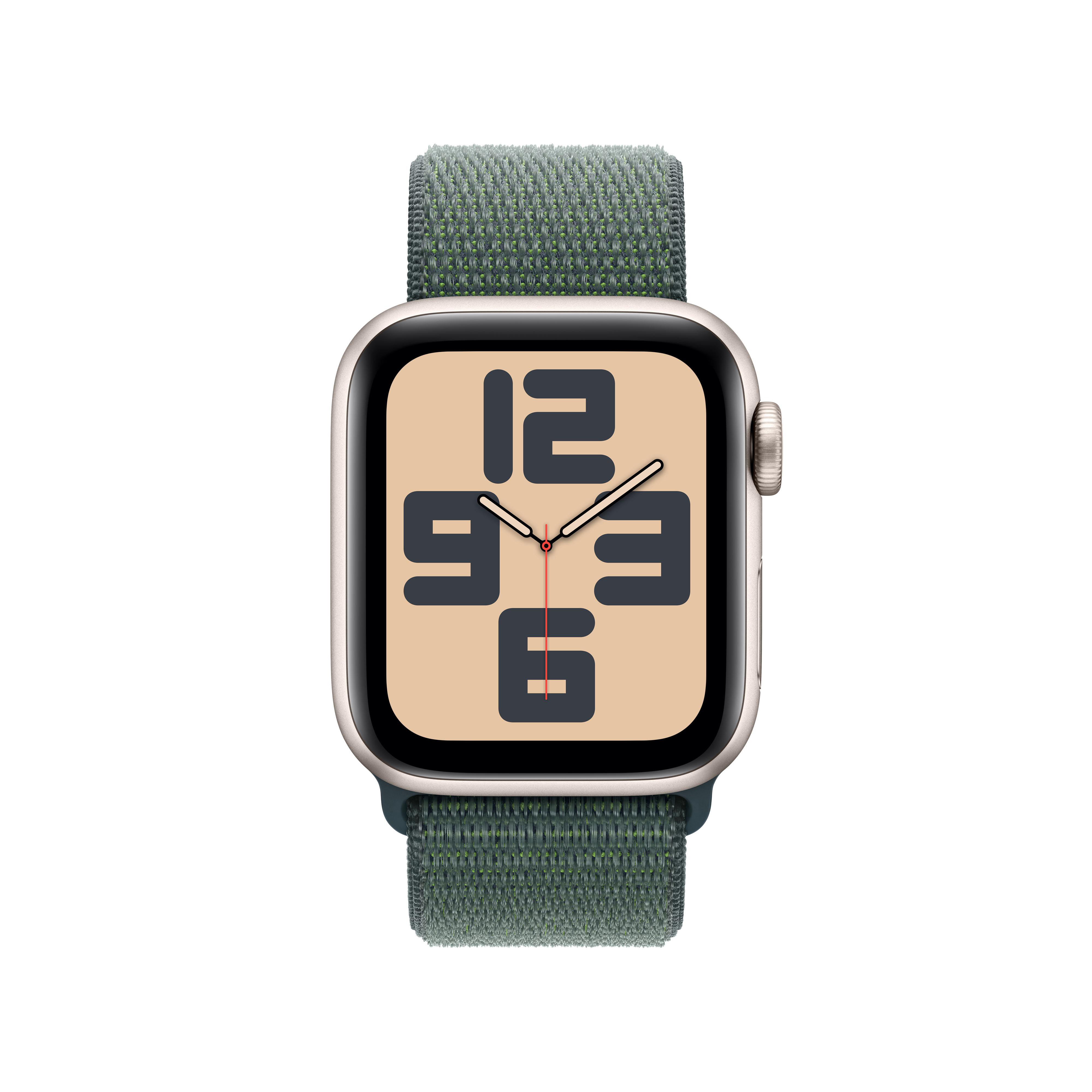 Eine goldene Apple Watch mit grünem Stoffarmband, zeigt digitales Interface.