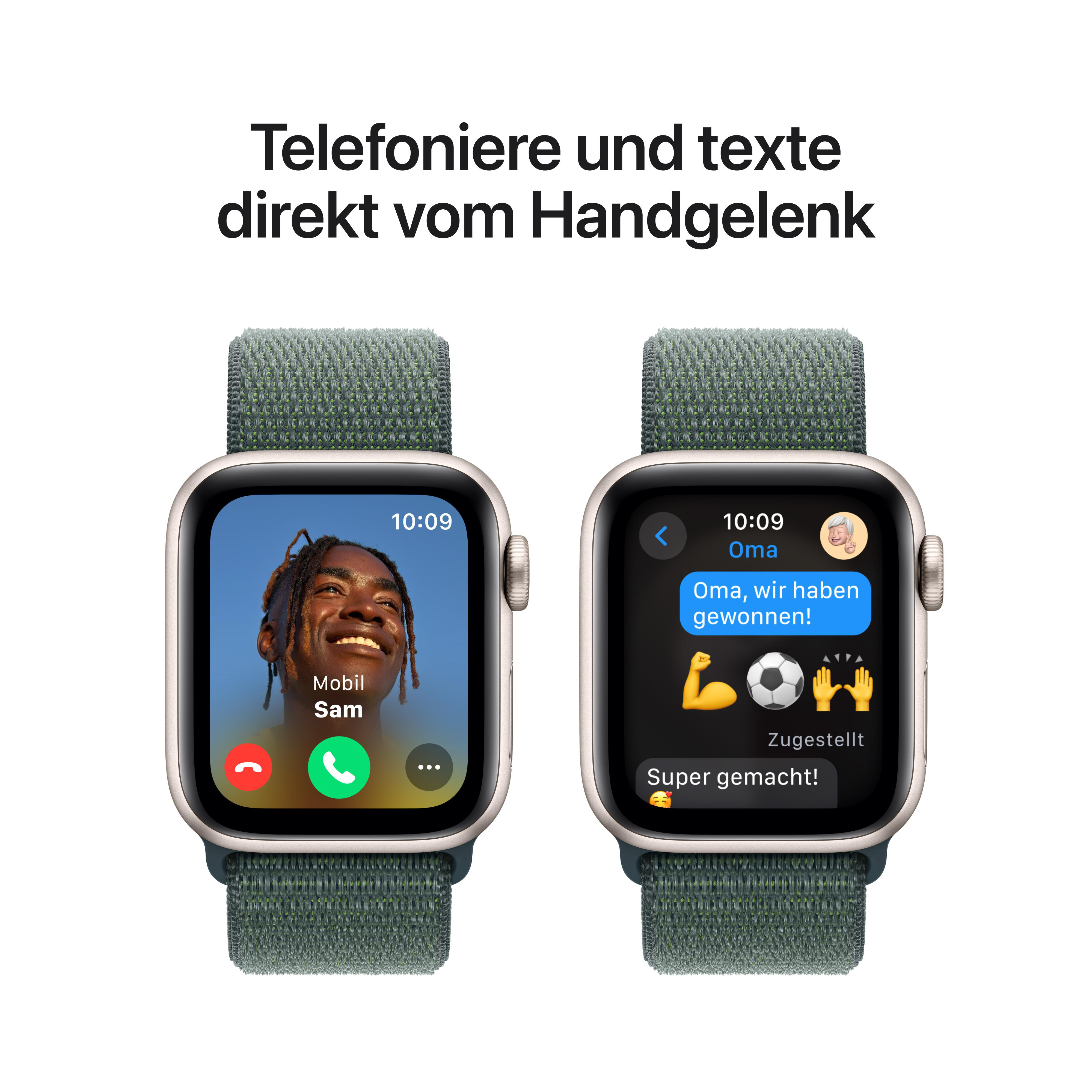 Zwei Smartwatches zeigen Anrufe und Nachrichten, eine mit grünem Armband.