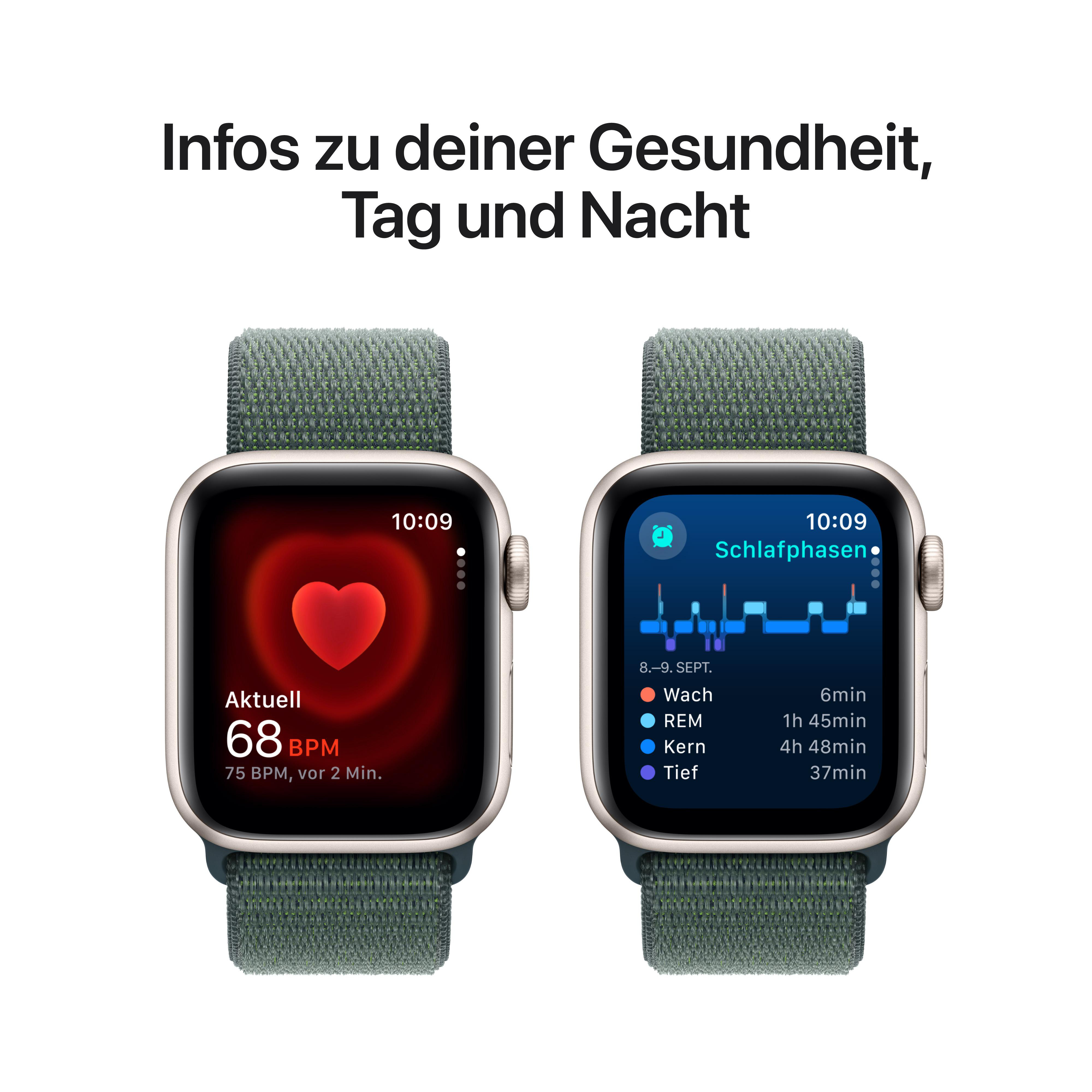 Zwei Smartwatches zeigen Gesundheitsdaten an: Herzfrequenz und Schlafphasen. Grüne Uhrenarmbänder.