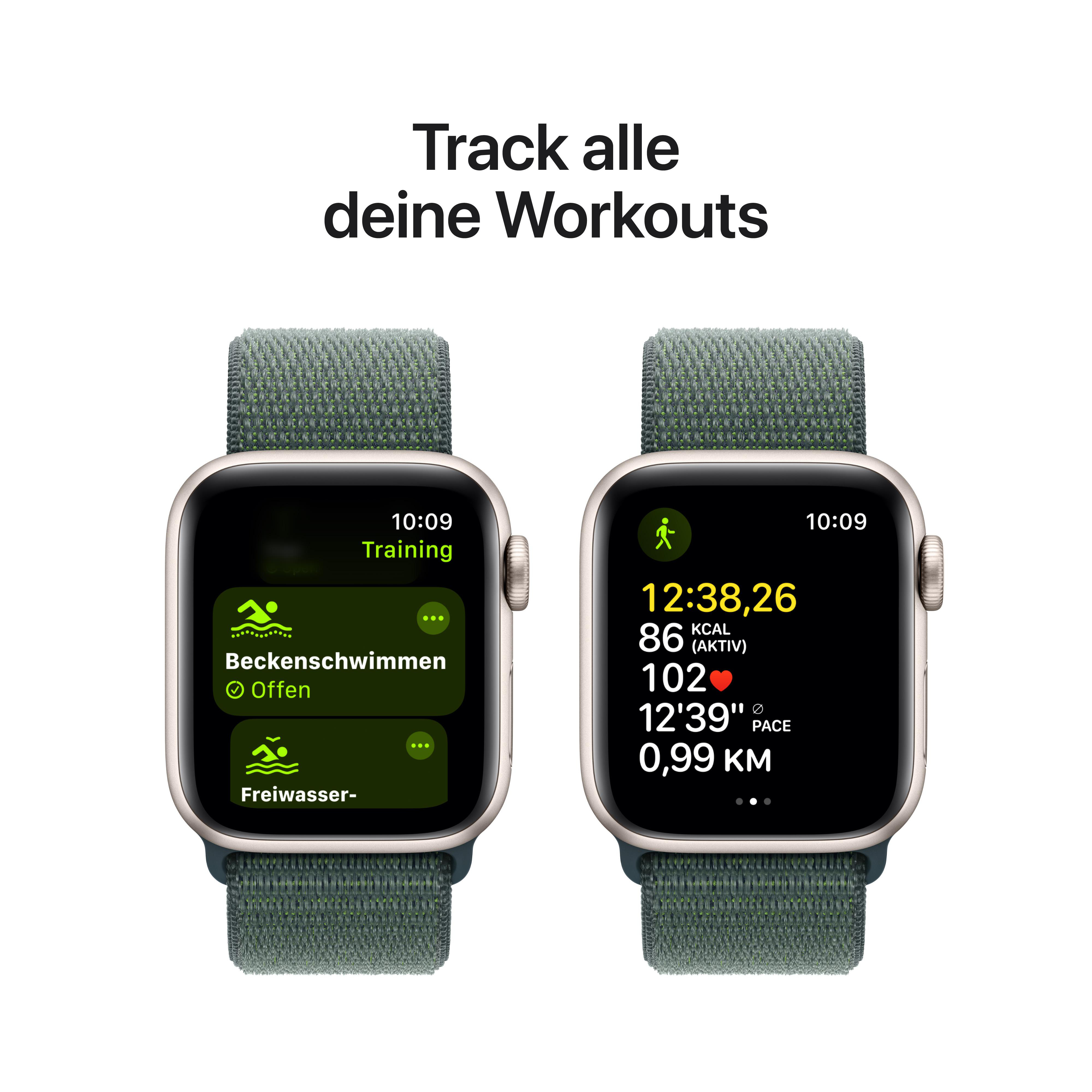 Zwei Apple Watches zeigen Trainingsdaten, eine für Schwimmen, die andere für Laufen.