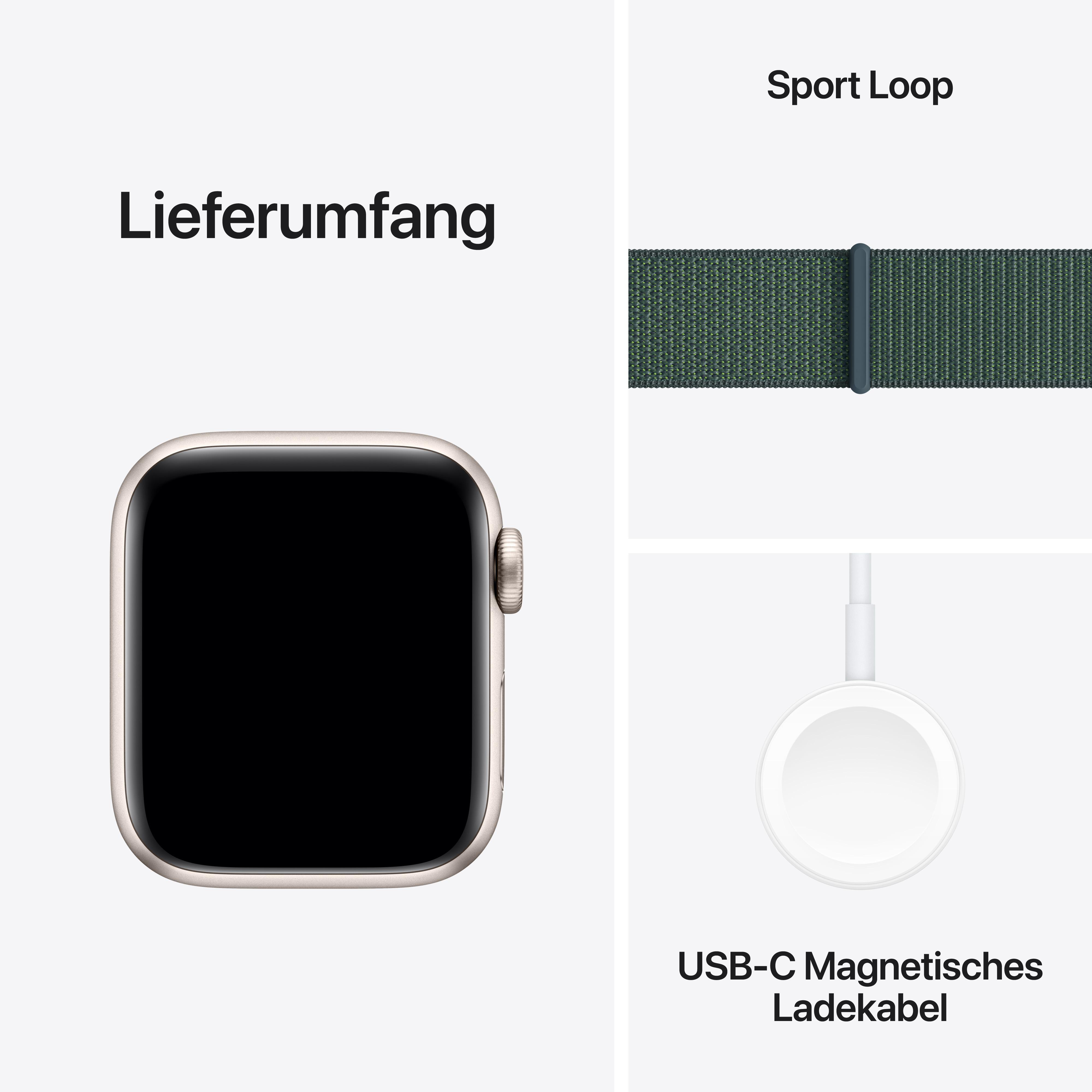Uhrenkomponenten: Uhr, grünes Armband und Ladekabel.