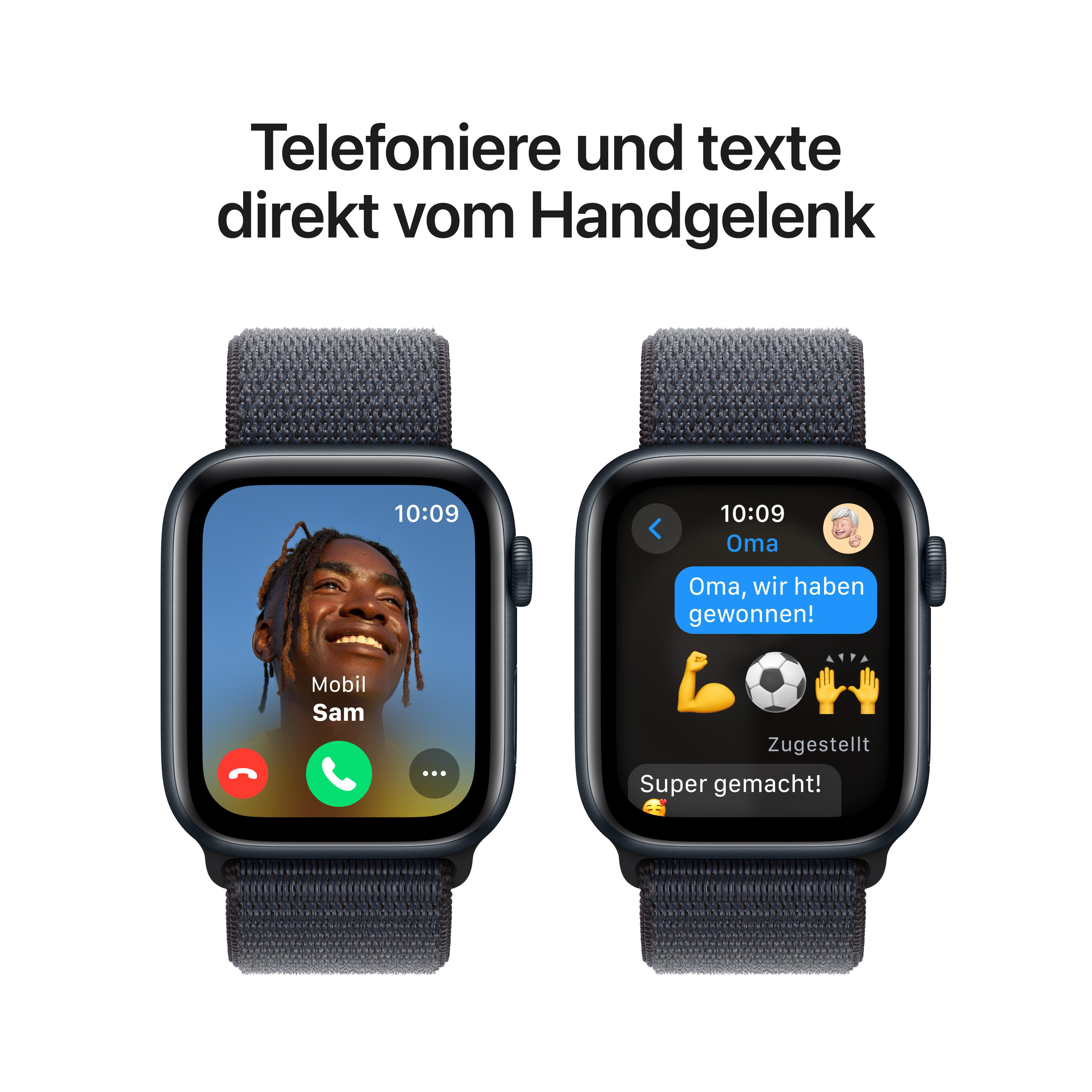 Zwei Apple Watches, die Anrufe und Texte anzeigen. Einer zeigt einen Anruf, der andere eine Textkonversation.